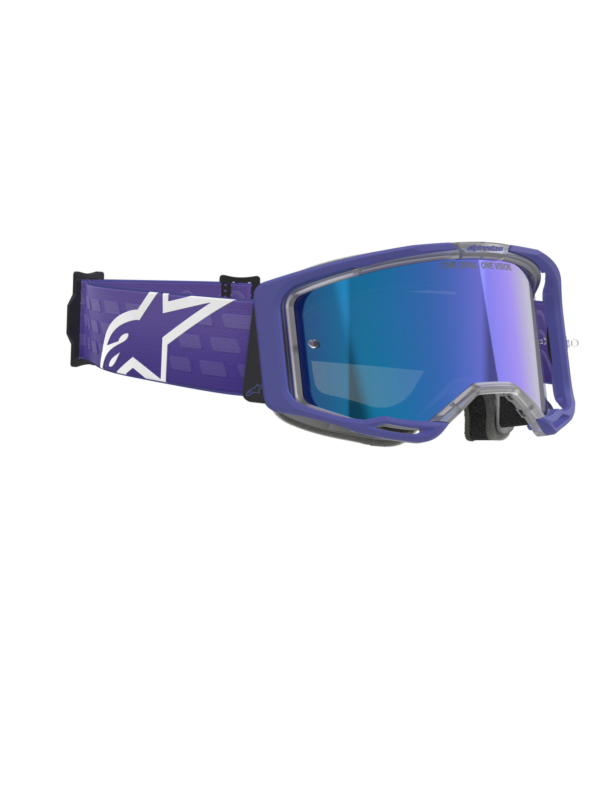 Alpinestars Vision 8 Corp Goggles, gogle motocrossowe, Purple Mirror Blue, fioletowa oprawka z lustrzaną niebieską soczewką przeciwmgielną, szeroki fioletowy pasek z wyraźnym białym logo Alpinestars, zaawansowana ochrona oczu do wyścigów terenowych
