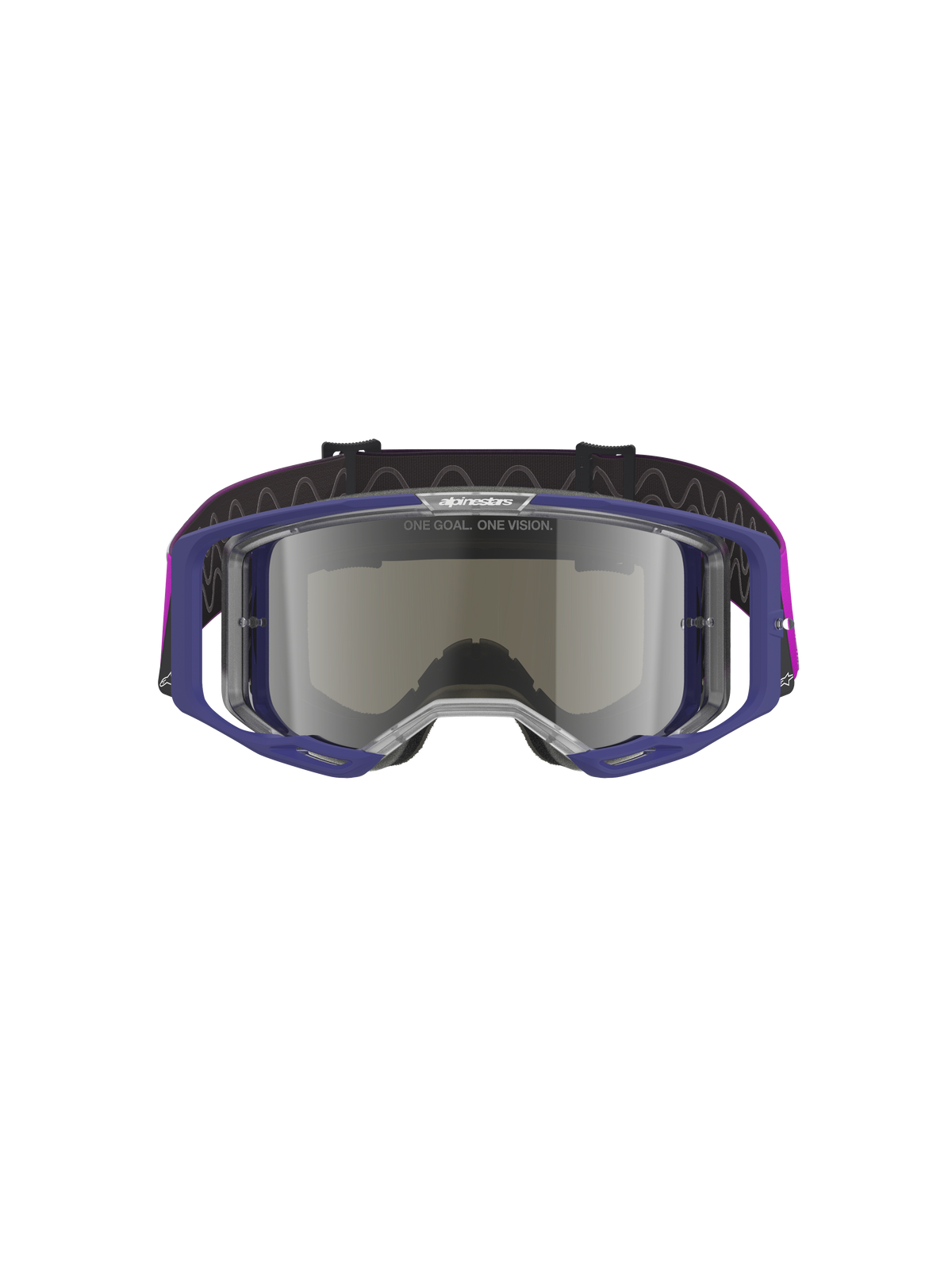 Alpinestars Vision 8 Corp Goggles, Motocross goggles with purple frame and light gray mirror silver lens, A-FLEX lightweight construction, RAM-AIR ventilation, "ONE GOAL. ONE VISION." branding on lens, purple strap, professional off-road eye protection