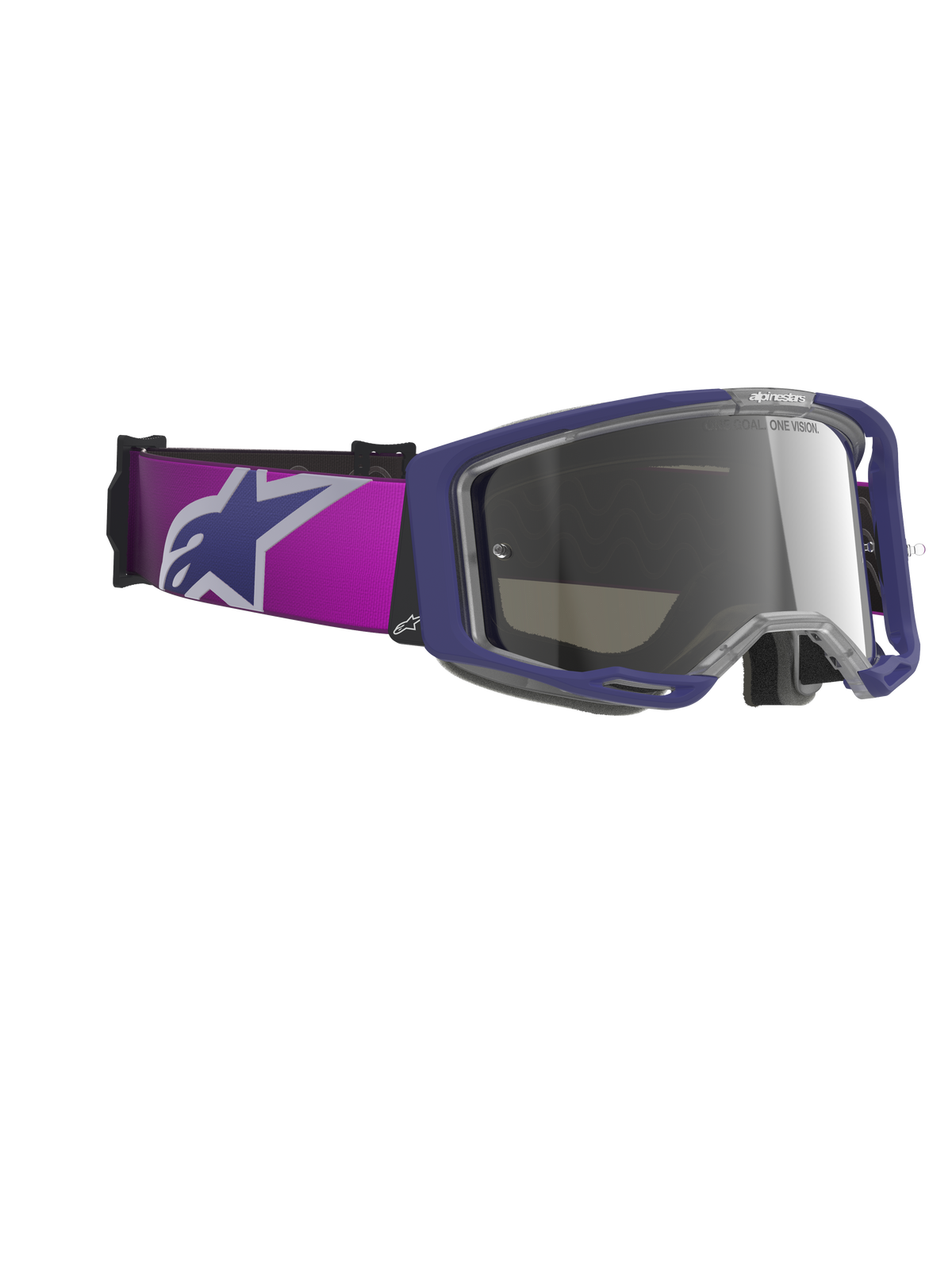 Alpinestars Vision 8 Corp Goggles, Motocross Goggles, Purple frame with Light Gray Mirror Silver lens, featuring a wide purple strap with a large Alpinestars logo, A-FLEX frame design, and tinted mirror lens, professional-grade off-road racing eyewear