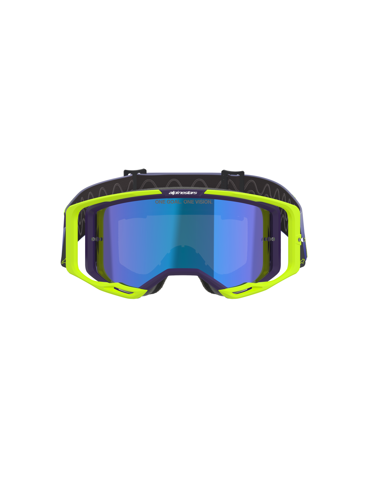 Gogle Alpinestars Vision 8 Corp, gogle motocrossowe, fioletowe i żółte neonowe, z niebieską lustrzaną soczewką, fluorescencyjna żółta oprawka A-FLEX z fioletowymi akcentami i regulowany fioletowy pasek, wysokowydajne gogle off-road