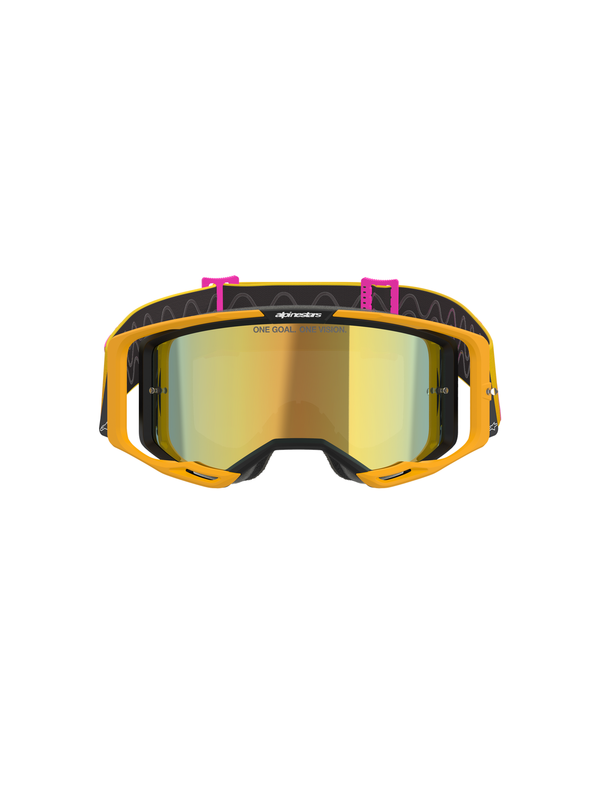 Alpinestars Vision 8 Corp Goggles, Motocross Goggles, Orange Yellow Pink Mirror Gold, front view featuring a mirrored gold lens with 'ONE GOAL. ONE VISION.' text, bright orange frame, and black strap with pink clips and wavy line patterns.