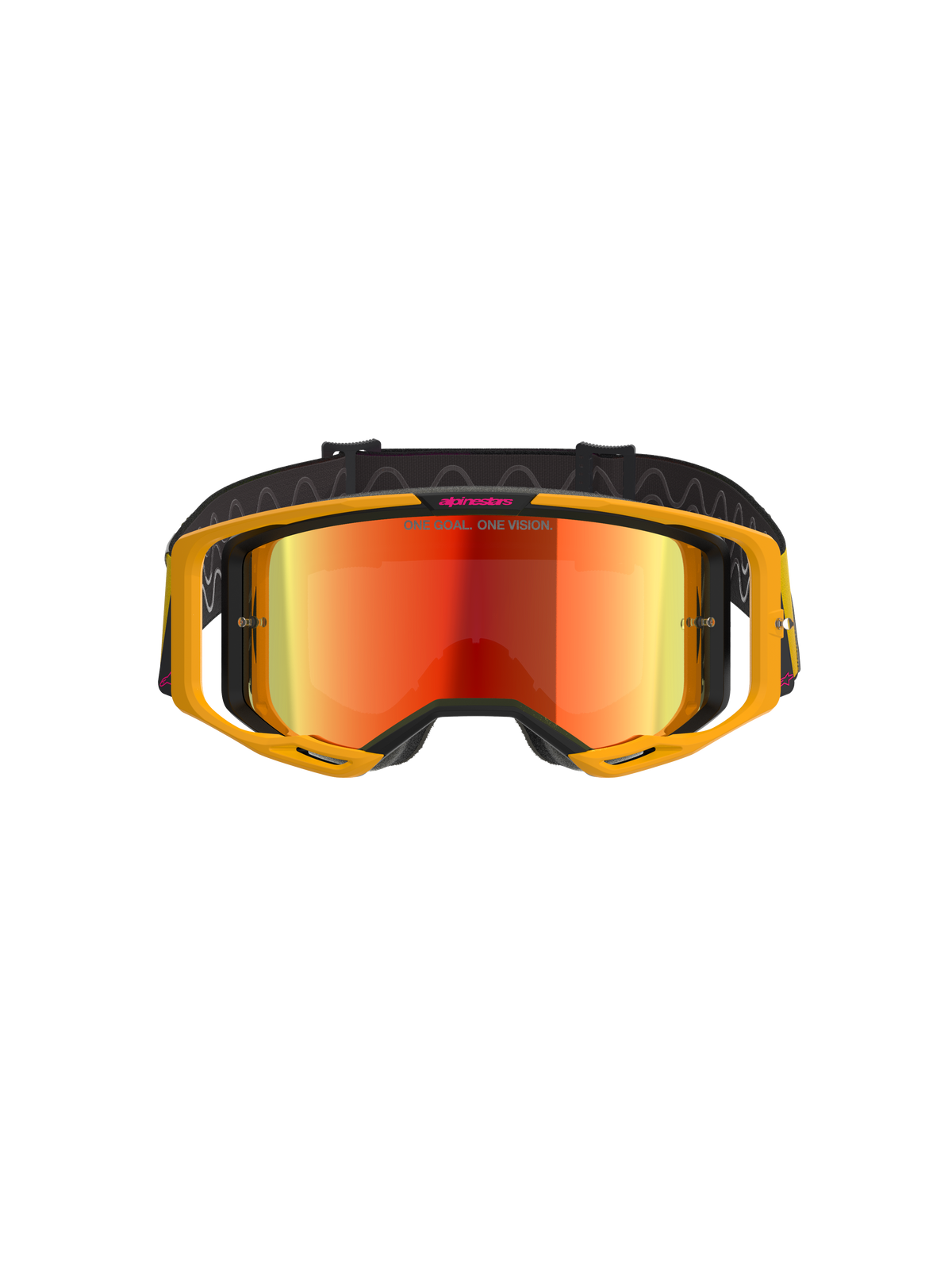 Gogle Alpinestars Vision 8 Corp, gogle motocrossowe, żółte i różowe z czerwoną lustrzaną soczewką, wyposażone w jaskrawożółtą oprawkę A-FLEX, czerwoną odblaskową soczewkę i czarny pasek z różowym brandingiem Alpinestars oraz napisem „ONE GOAL. ONE VISION.”, profesjonalna ochrona oczu do wyścigów off-road