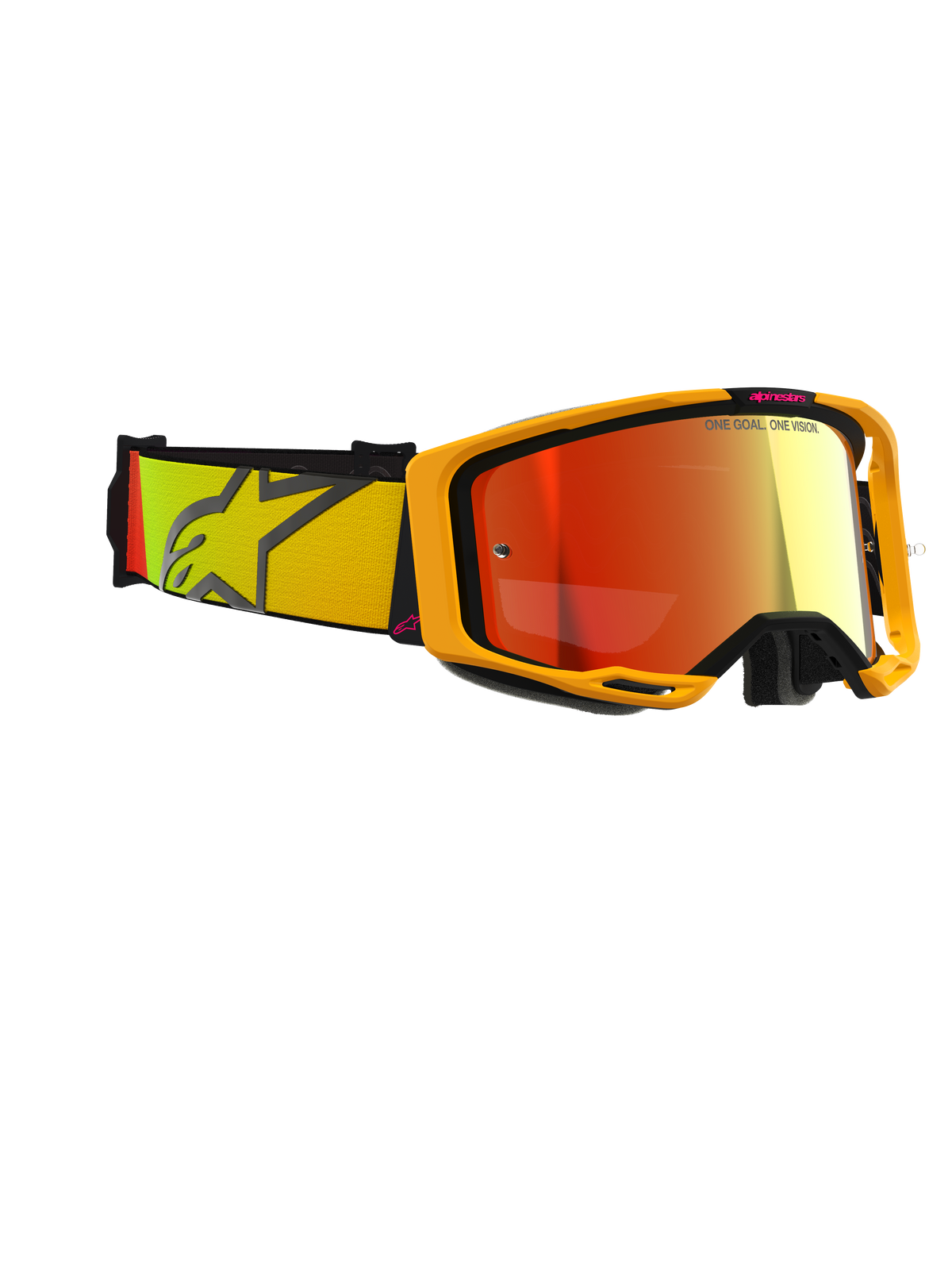 Gogle Alpinestars Vision 8 Corp, gogle motocrossowe, żółto-różowe z czerwoną lustrzaną soczewką, szeroki tkany pasek z żółto-różowym gradientem i dużym logo gwiazdy, lekka oprawka A-FLEX z czarnymi uchwytami, profesjonalne gogle do wyścigów terenowych