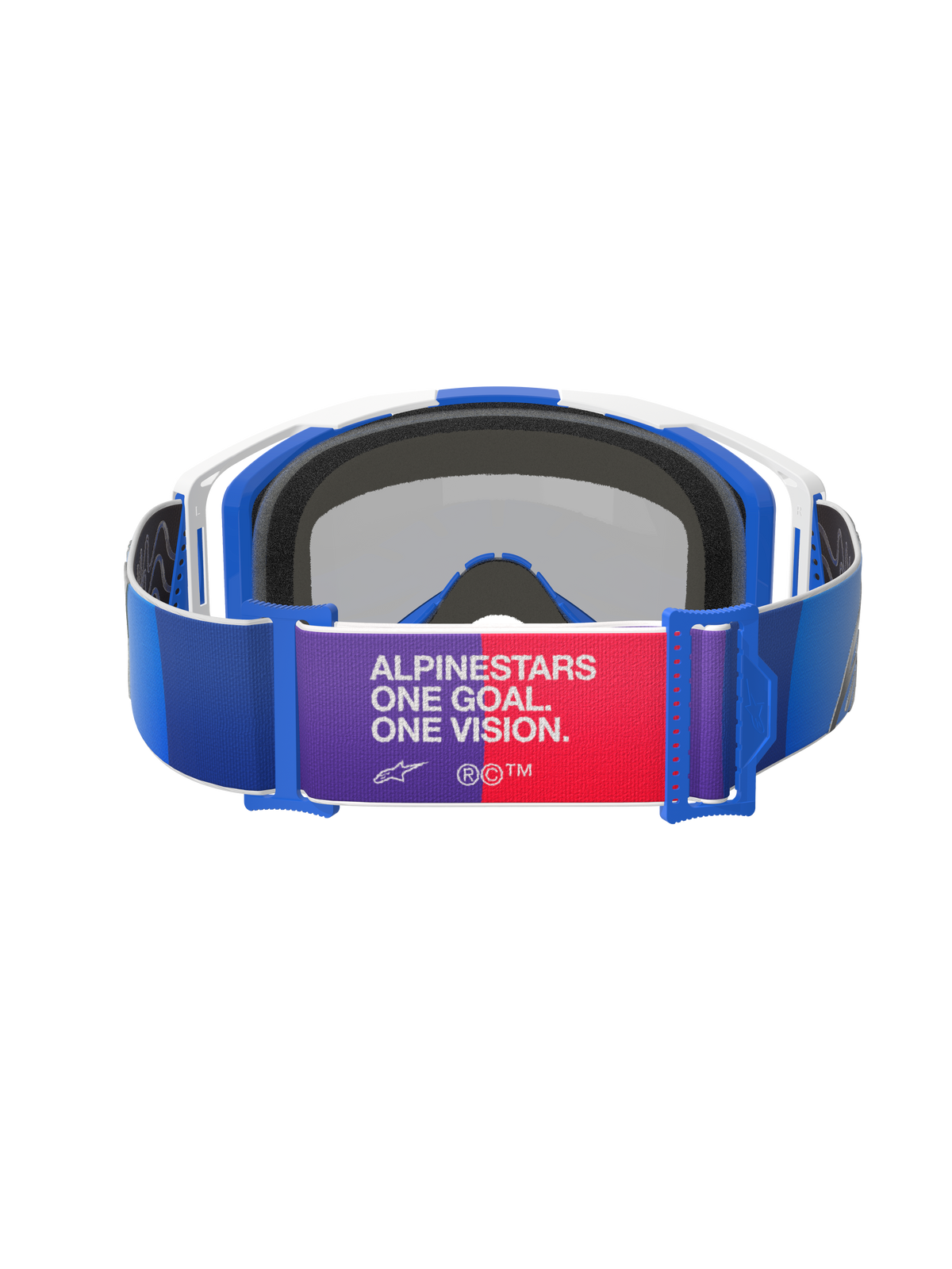 Alpinestars Vision 8 Corp Goggles, Blue White and Mirror Blue, Rear View, blue strap with purple and red central patch featuring "ALPINESTARS ONE GOAL. ONE VISION." text, white and blue frame with black foam padding, Motocross Goggles