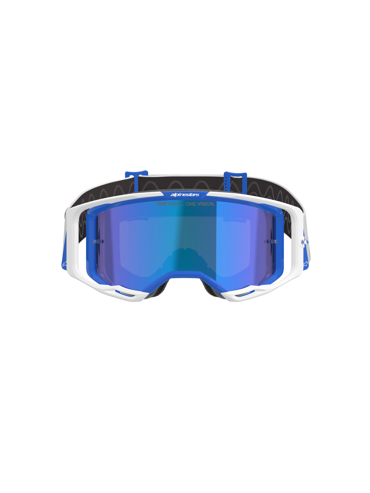 Alpinestars Vision 8 Corp Goggles, gogle motocrossowe, niebiesko-białe z niebieską lustrzaną soczewką, biała oprawka zewnętrzna, niebieskie akcenty wewnątrz, branding „One Goal. One Vision.” na soczewce, zaprojektowane dla wysokiej wydajności w wyścigach terenowych