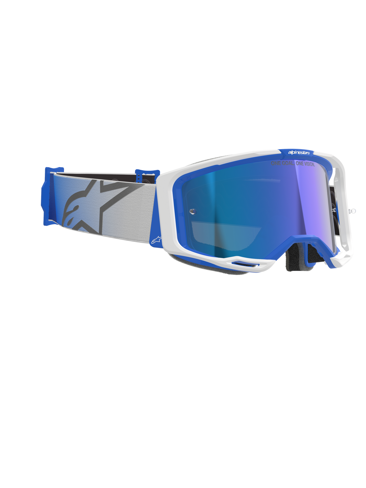 Alpinestars Vision 8 Corp Goggles, Motocross Goggles, Blue and White with Mirror Blue lens, light gray woven strap featuring a blue star logo, sleek A-FLEX frame design with mirrored lens for off-road racing