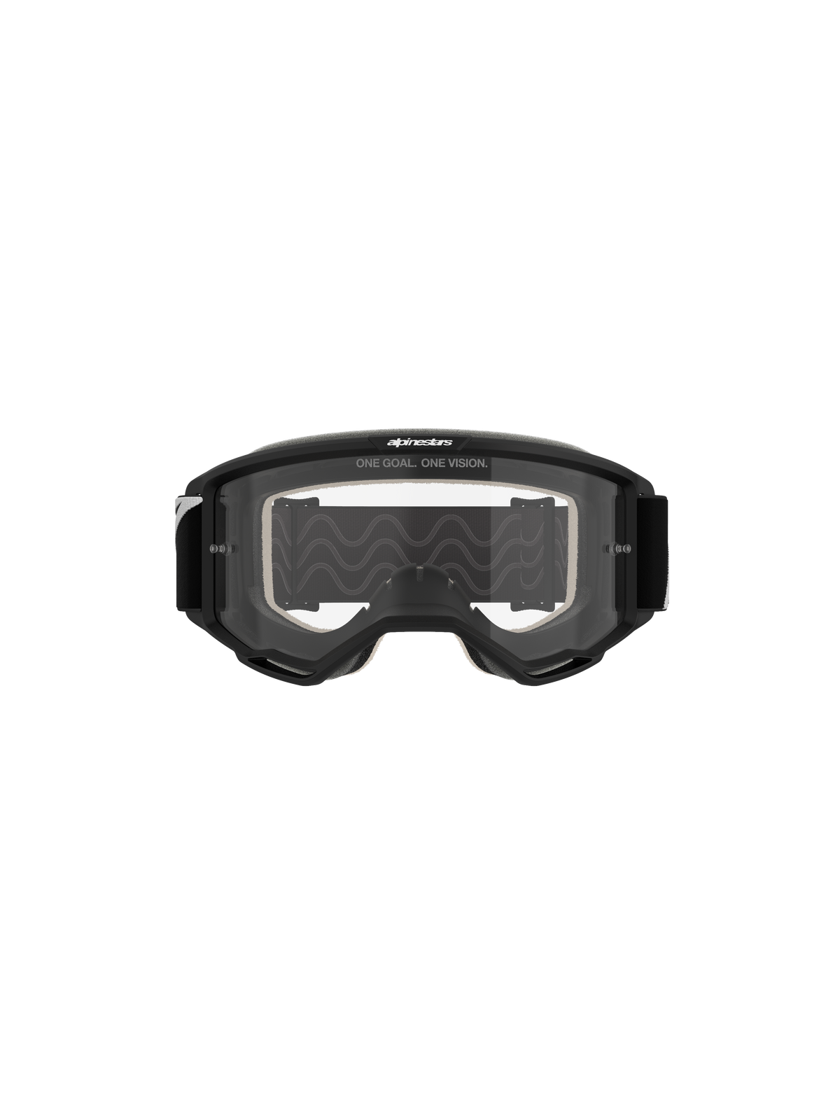 Gogle Alpinestars Vision 5 Corp, gogle motocrossowe, czarna oprawka z przezroczystą soczewką, widok z przodu, z napisem „ONE GOAL. ONE VISION.” na górze, szerokie pole widzenia do wyścigów terenowych