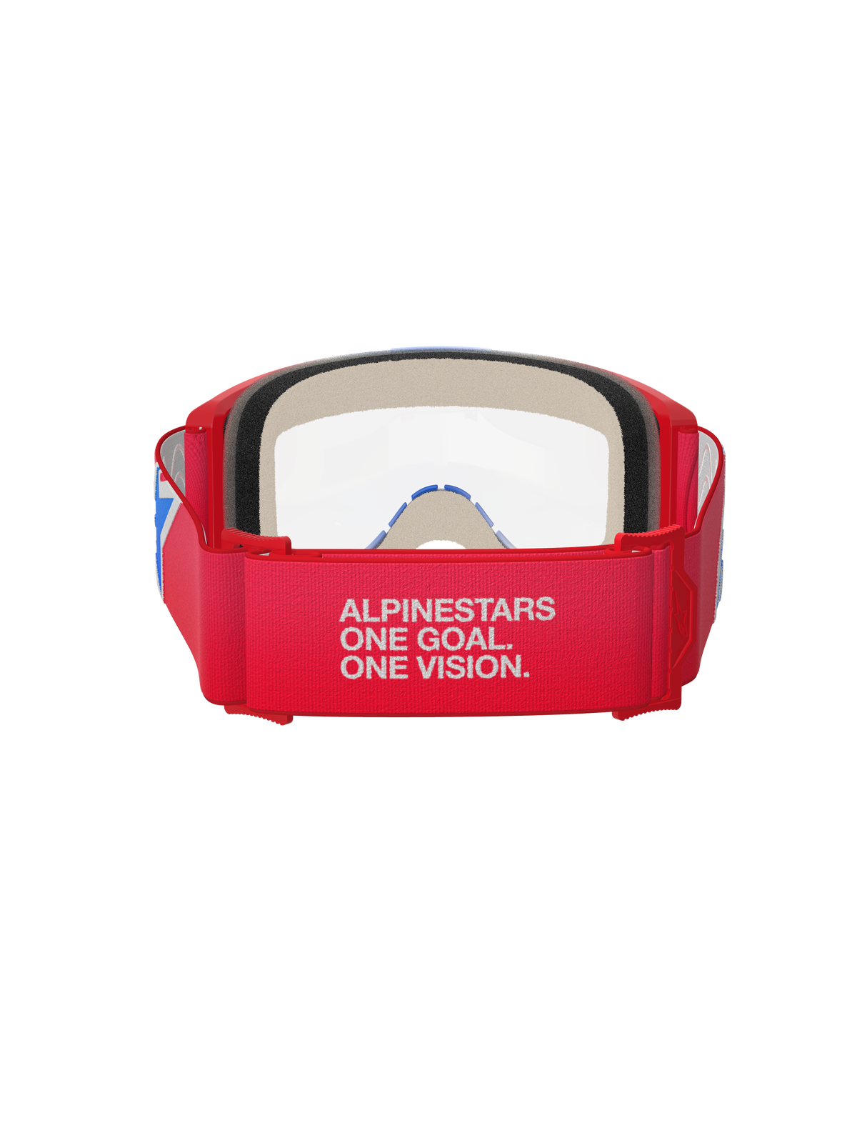 Alpinestars Vision 5 Corp Goggles, gogle motocrossowe, czerwono-biało-niebieskie z przezroczystą soczewką, widok z tyłu przedstawiający szeroki czerwony tkany pasek z białym napisem „ALPINESTARS ONE GOAL. ONE VISION.”, czerwona uretanowa oprawka i gruba pianka, zaprojektowane z myślą o profesjonalnej wydajności w terenie