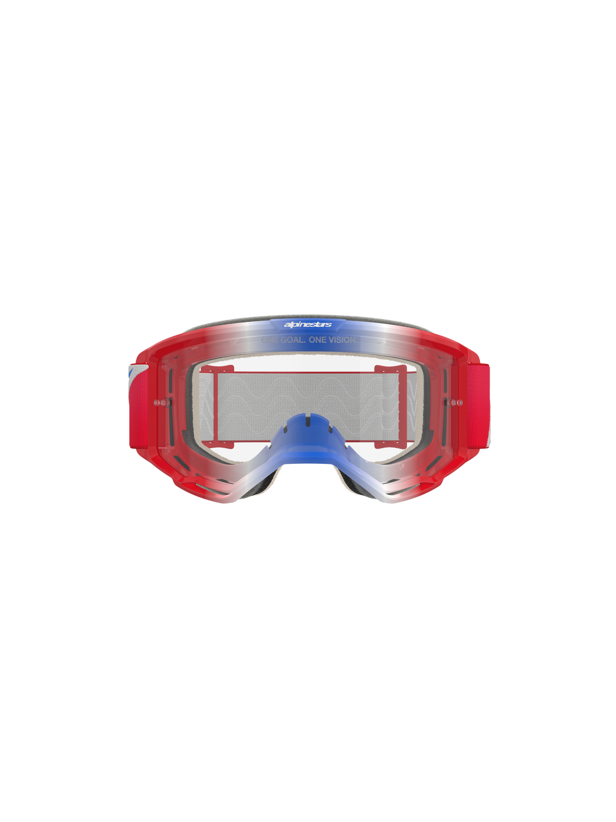Alpinestars Vision 5 Corp Goggles, gogle motocrossowe, czerwone, białe i niebieskie z przezroczystą soczewką, czerwona oprawka z niebiesko-białymi akcentami gradientowymi, czerwony tkany pasek, z napisem „ONE GOAL. ONE VISION.” na soczewce, wytrzymała ochrona oczu do jazdy terenowej