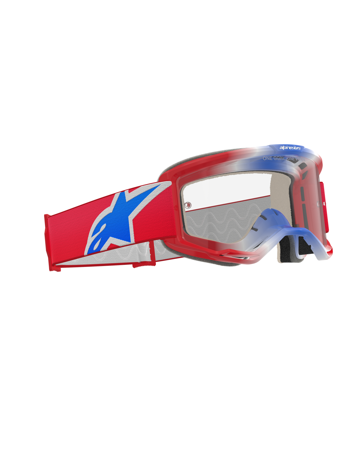 Gogle Alpinestars Vision 5 Corp, gogle motocrossowe, czerwono-biało-niebieskie z przezroczystą soczewką, szeroki czerwony tkany pasek z dużym niebieskim logo gwiazdy Alpinestars, lekka czerwona oprawka A-FLEX, profesjonalna ochrona oczu do wyścigów terenowych