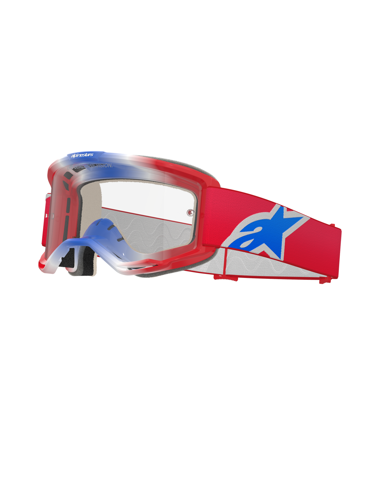 Alpinestars Vision 5 Corp Goggles, gogle motocrossowe, czerwone, białe i niebieskie, przezroczysta szybka, czerwona oprawka z niebiesko-białym gradientem u góry, czerwony pasek z dużym niebiesko-białym logo gwiazdy Alpinestars, wielowarstwowa wyściółka z pianki, wysokiej klasy gogle wyścigowe