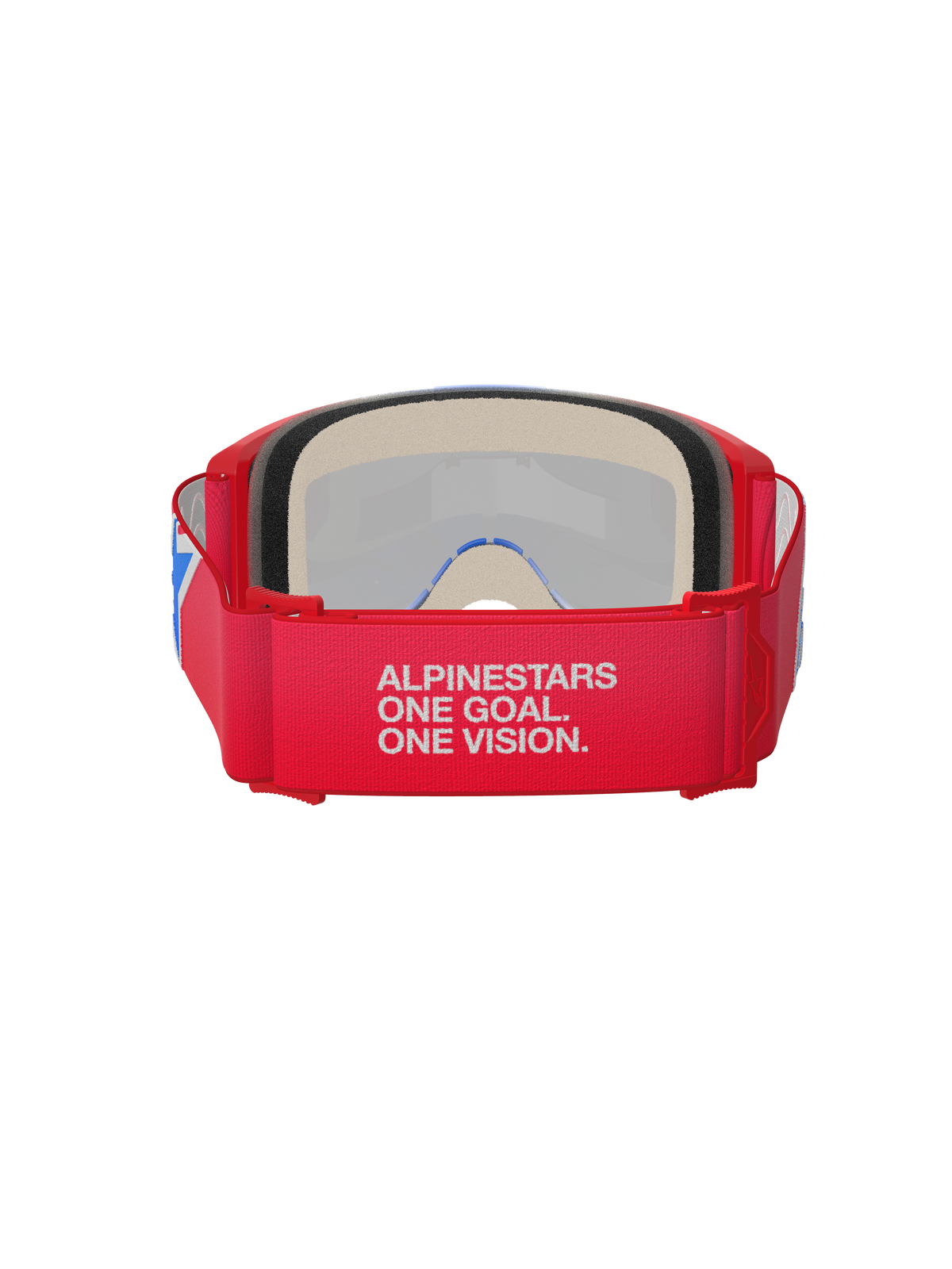 Alpinestars Vision 5 Corp Goggles, gogle motocrossowe, czerwono-białe, widok z tyłu pokazujący szeroki pasek z hasłem „Alpinestars One Goal. One Vision.”, grubą piankę na twarz i czerwoną ramkę