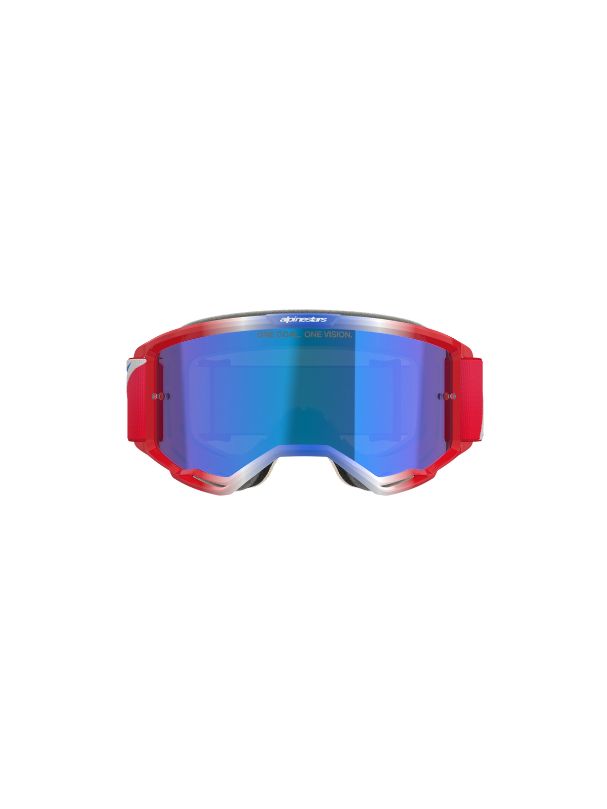 Gogle Alpinestars Vision 5 Corp, gogle motocrossowe, czerwono-biała oprawka z niebieską lustrzaną soczewką, czerwony pasek i napis „ONE GOAL... ONE VISION” na soczewce, widok z przodu