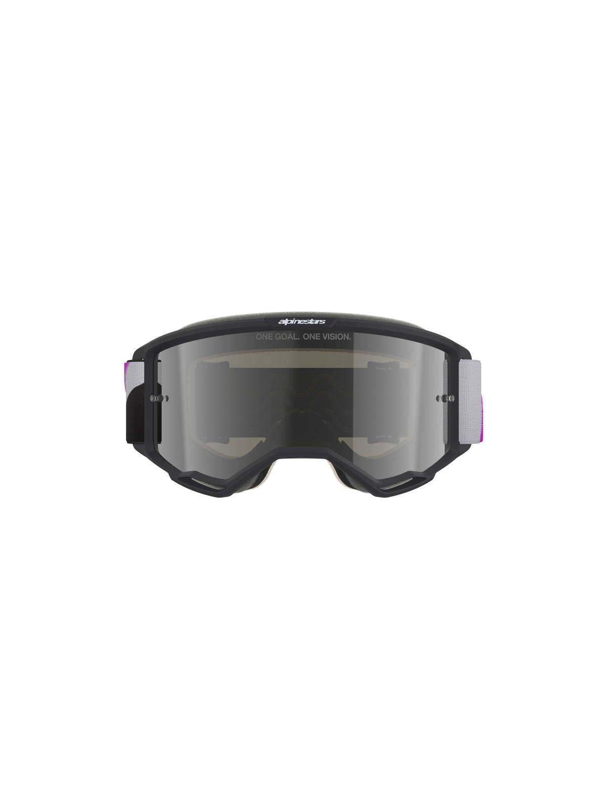 Gogle Alpinestars Vision 5 Corp, gogle motocrossowe, jasnoszara ramka z fioletowo-srebrną lustrzaną soczewką, widok z przodu z napisem „ONE GOAL. ONE VISION.”, regulowany szaro-fioletowy tkany pasek, wysokowydajna ochrona oczu do jazdy w terenie