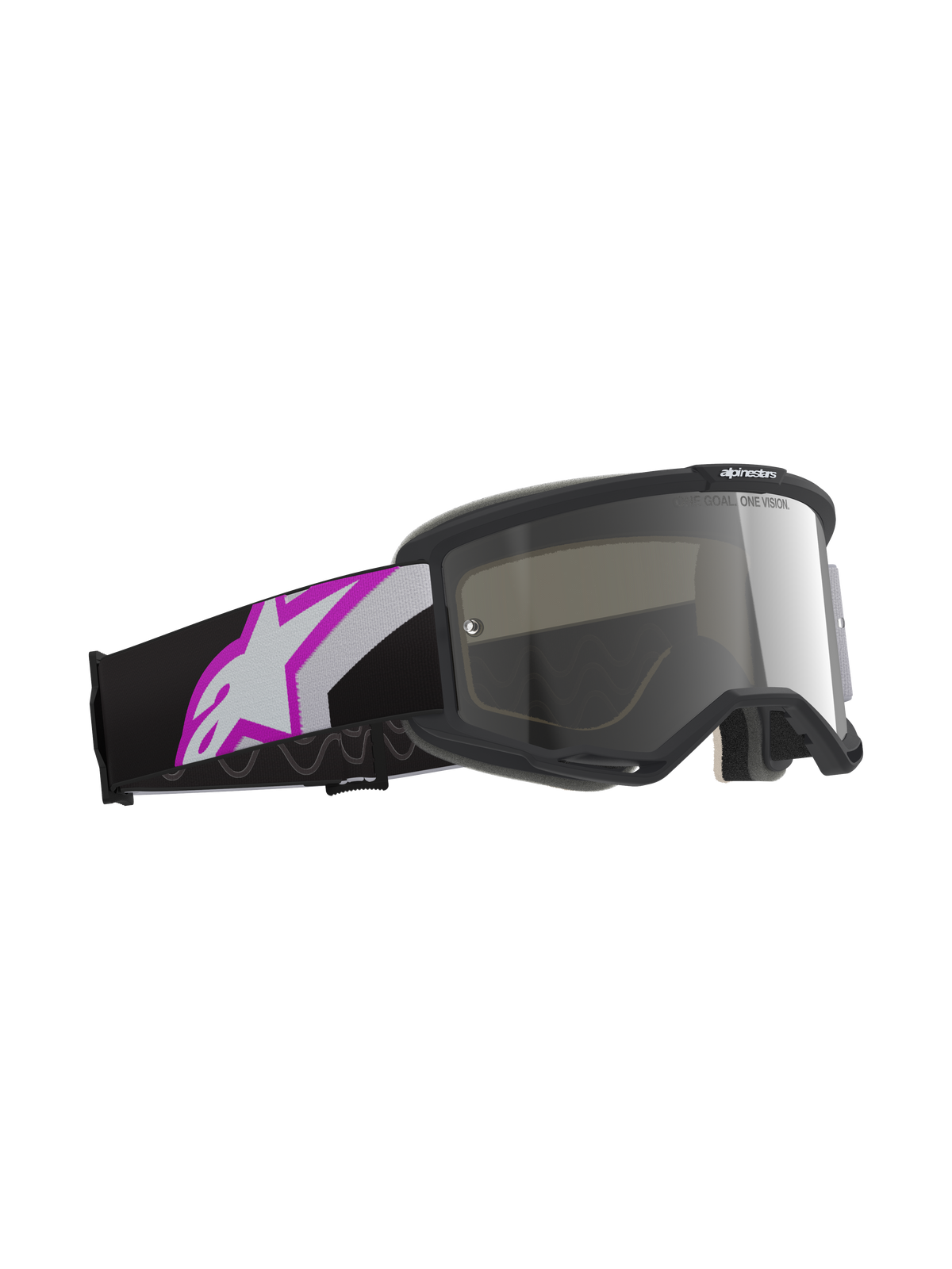 Alpinestars Vision 5 Corp Goggles, Light Gray frame with Purple Mirror Silver lens, motocross eyewear featuring a black strap with a large white and purple Astars logo, professional off-road racing gear.
