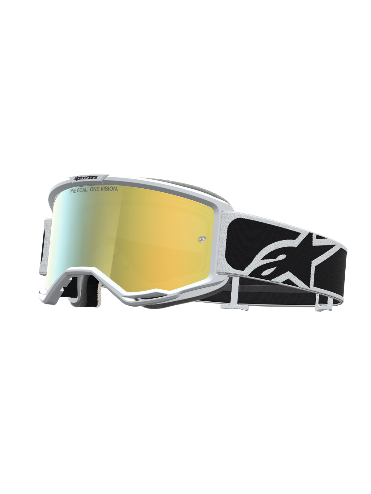 Gogle Alpinestars Vision 5 Rora, białe gogle motocrossowe z lustrzaną złotą soczewką, czarny pasek z logo, wentylacja RAM-AIR.