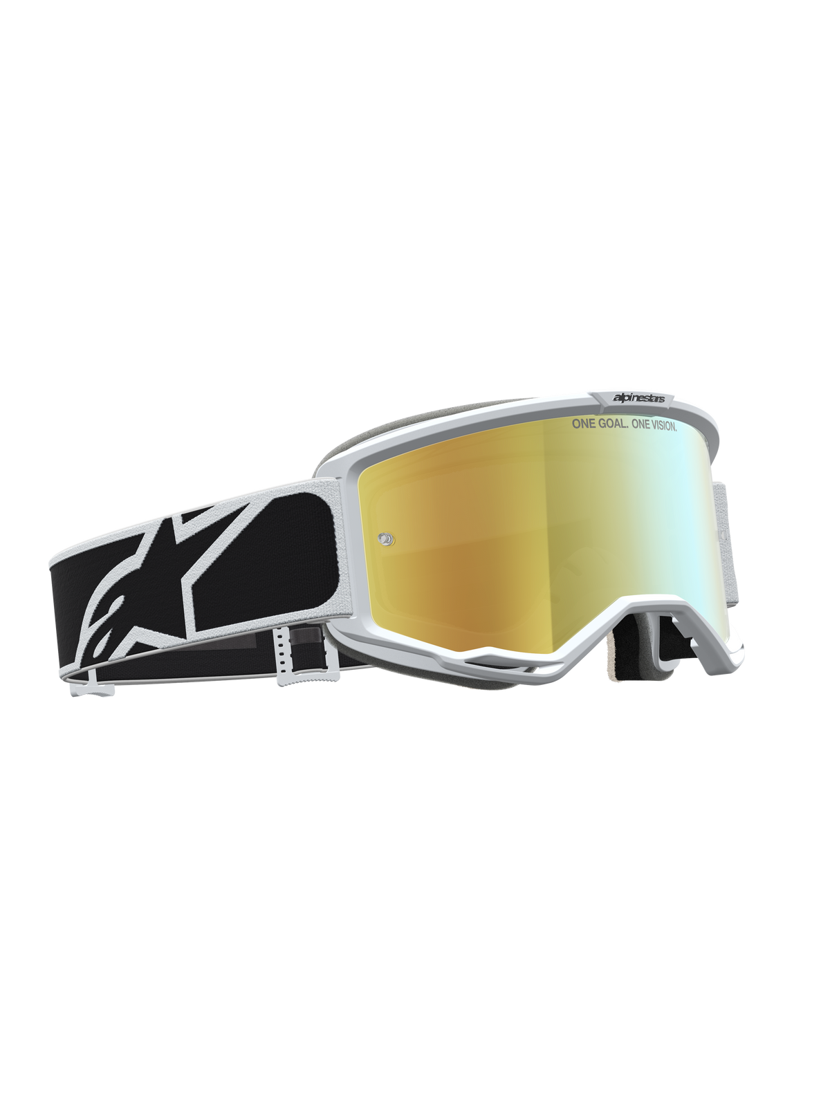 Gogle Alpinestars Vision 5 Rora, gogle motocrossowe z białą oprawką, złotą lustrzaną soczewką i czarnym paskiem z logo.