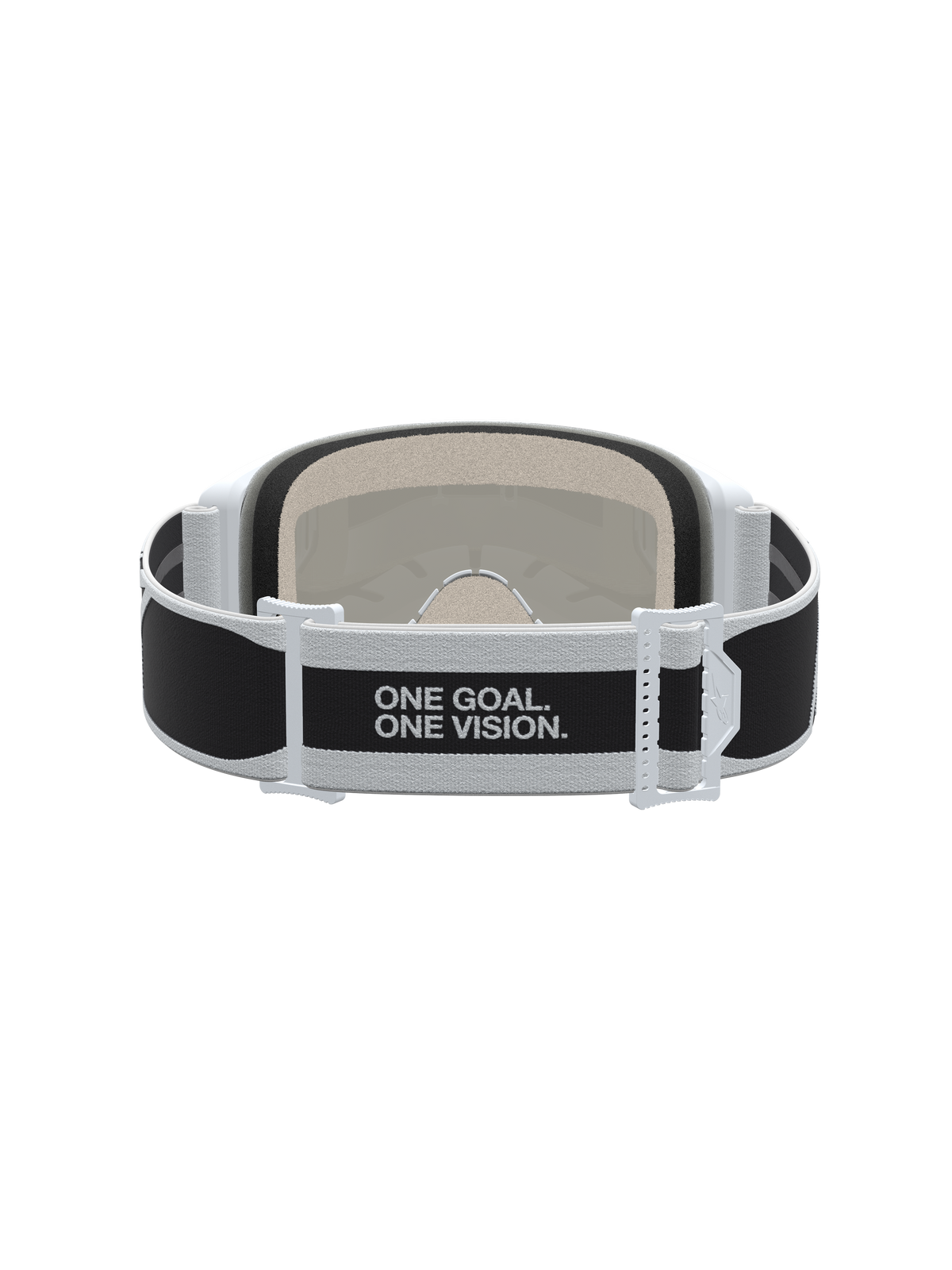 Gogle Vision 5 Rora, czarno-białe gogle motocrossowe, tylny pasek z hasłem One Goal. One Vision., styl wyścigowy.