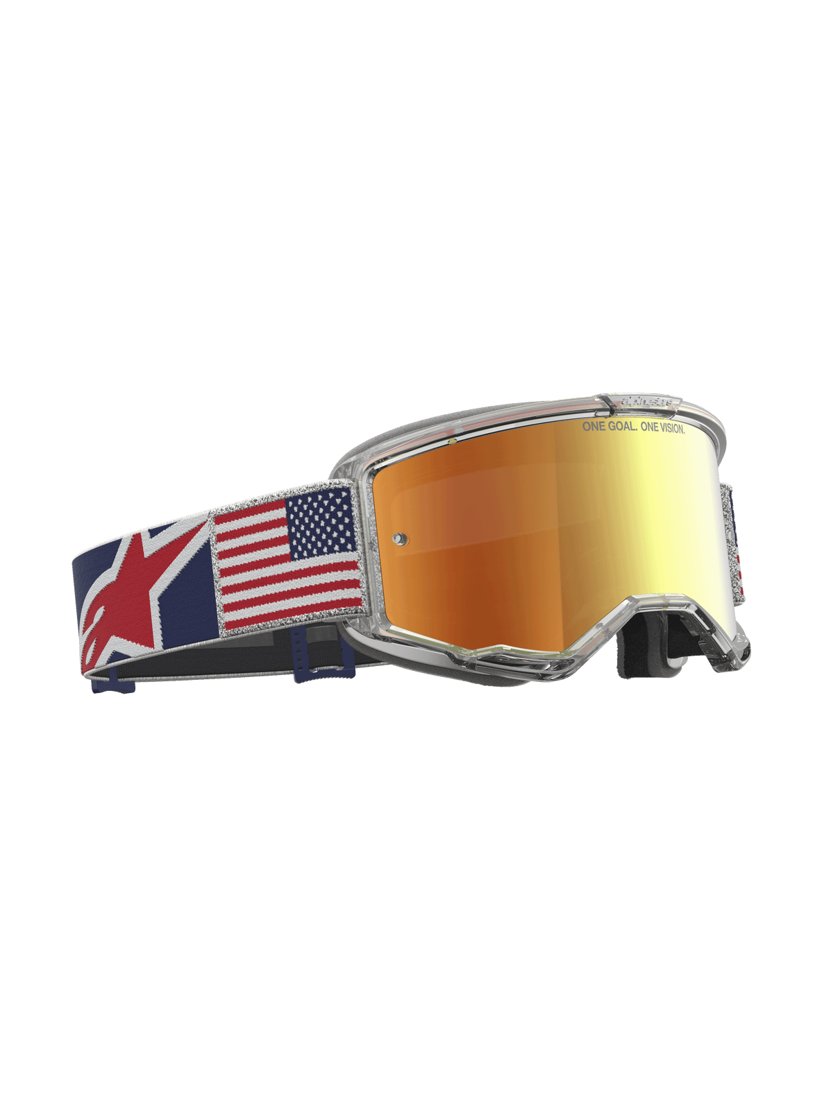 Alpinestars Vision 5 Le Fiftyfold Goggle, gogle motocrossowe z czerwoną lustrzaną soczewką i przezroczystą oprawką, pasek z motywem flagi USA, limitowana edycja do wyścigów off-road.