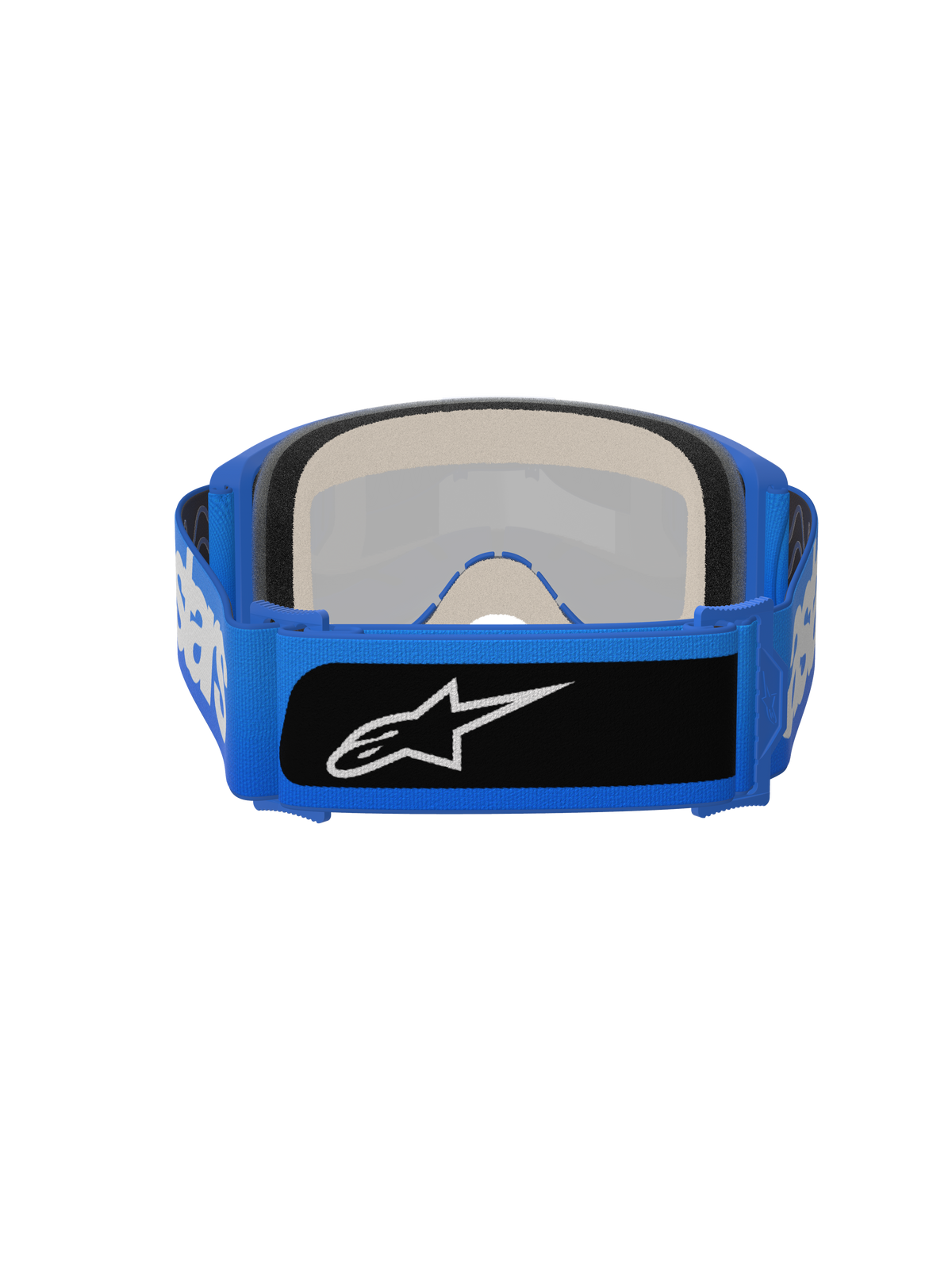 Gogle Alpinestars Vision 5 Blaze, gogle motocrossowe, niebieskie, widok od tyłu pokazujący grubą wielowarstwową piankę oraz szeroki niebieski tkany pasek z czarną naszywką z logo, wysokiej klasy ochrona oczu do jazdy terenowej