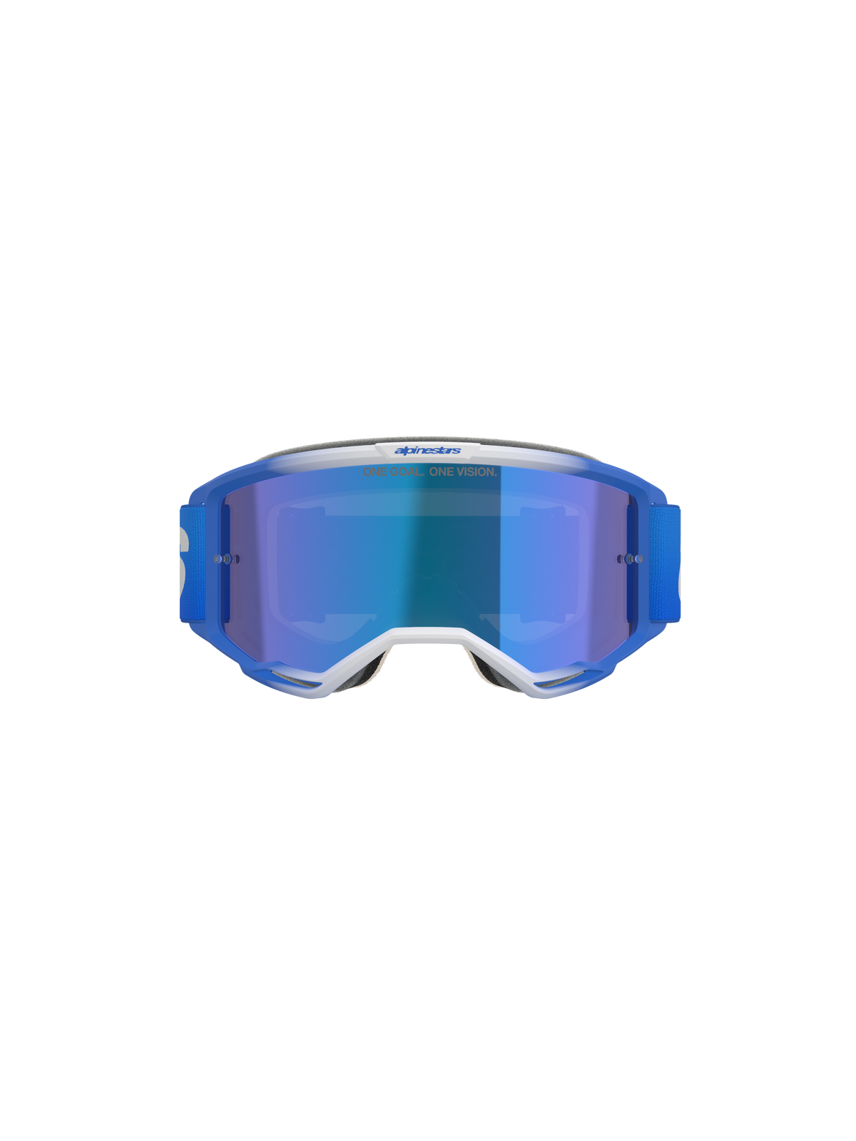 Gogle Alpinestars Vision 5 Blaze, gogle motocrossowe, Blue Mirror Blue, widok z przodu z niebiesko-białą ramką A-FLEX, niebieską lustrzaną soczewką i niebieskim tkanym paskiem, profesjonalna ochrona oczu off-road