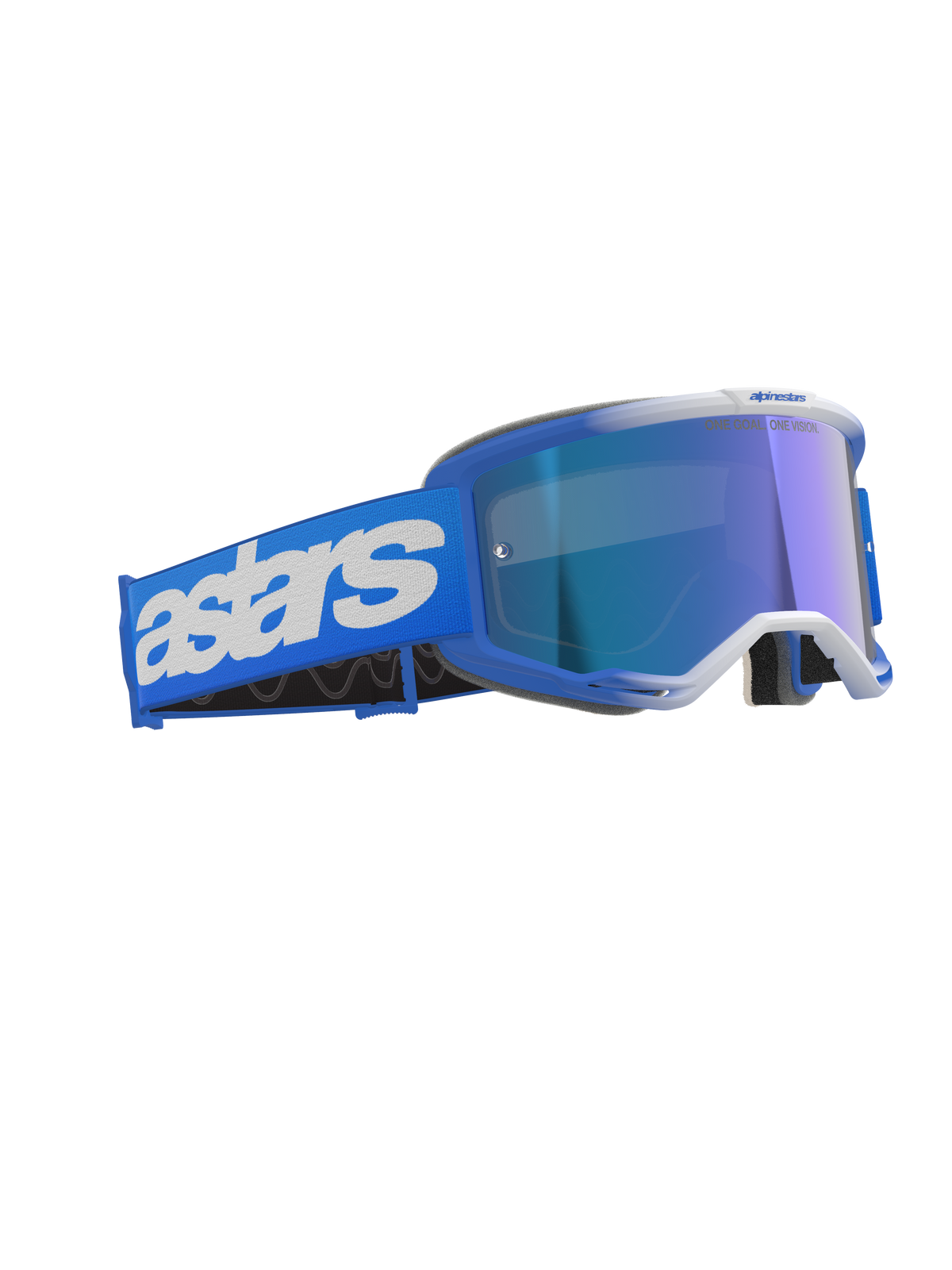 Alpinestars Vision 5 Blaze Goggles, gogle motocrossowe, kolor Blue Mirror Blue, niebieska oprawka i lustrzana soczewka, szeroki niebieski pasek z białym logo Astars, wyczynowe terenowe gogle ochronne