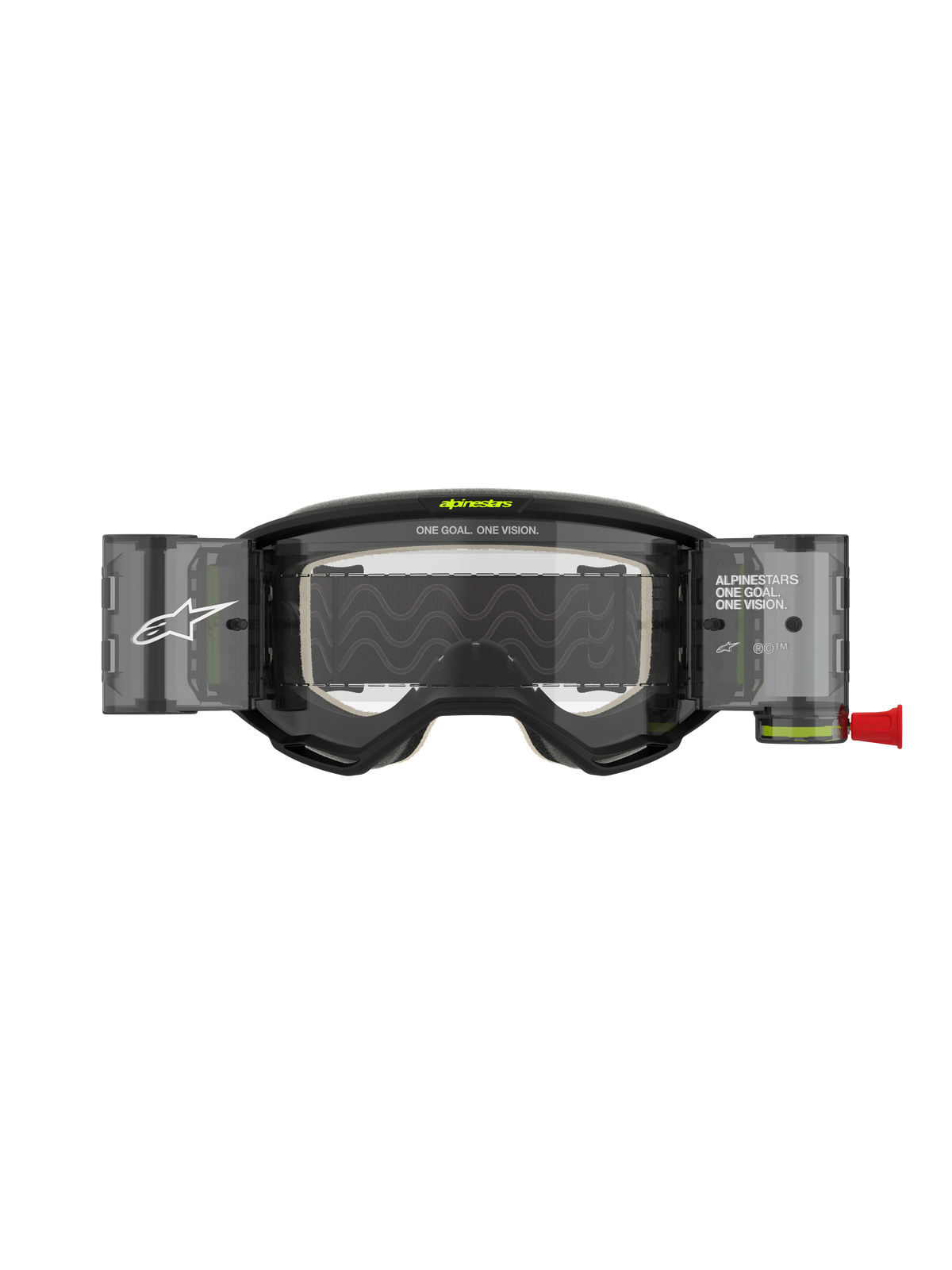 Gogle Alpinestars Vision 5 Hollow Roll Off, gogle motocrossowe, grafitowe i fluorescencyjne żółte, wyposażone w przezroczysty system roll-off z półprzezroczystymi zasobnikami, czerwony uchwyt, białe oznaczenia marki oraz napis „ONE GOAL. ONE VISION.”, zaprojektowane do wyścigów terenowych
