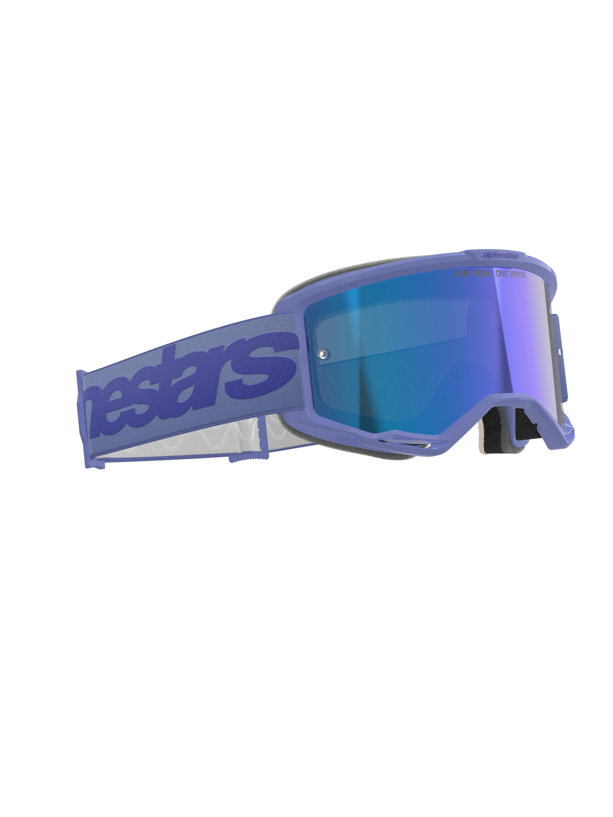 Gogle Alpinestars Vision 5 Wordmark, gogle motocrossowe, fioletowe z niebieską lustrzanką, fioletowa oprawka i lustrzana niebieska soczewka, szeroki fioletowy pasek z logo Alpinestars, ergonomiczna konstrukcja do wyścigów off-road