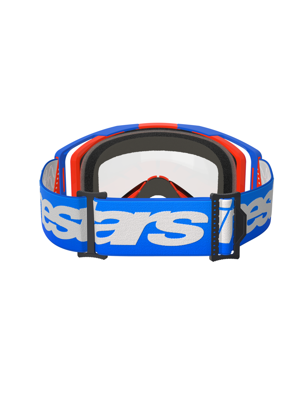 Alpinestars Vision 8 Wordmark Goggles, gogle motocrossowe, niebieskie i pomarańczowe z przezroczystą szybką, szeroki niebieski pasek z białym brandingiem Alpinestars, wysokowydajne gogle do wyścigów terenowych