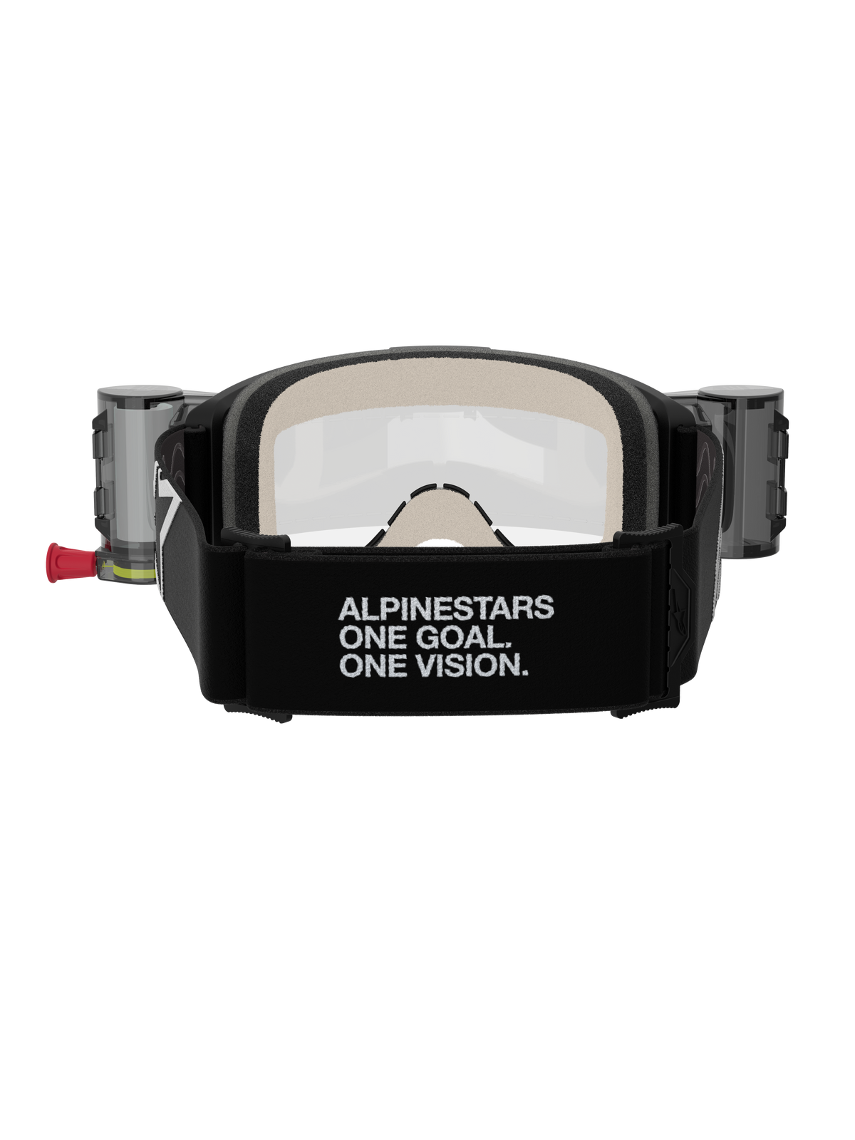 Alpinestars Vision 5 Corp Goggles Roll Off, gogle motocrossowe, czarne i przezroczyste, widok z tyłu z szerokim czarnym paskiem z brandingiem „ALPINESTARS ONE GOAL. ONE VISION.”, zasobnikami systemu roll-off i wygodną wielowarstwową pianką na twarz