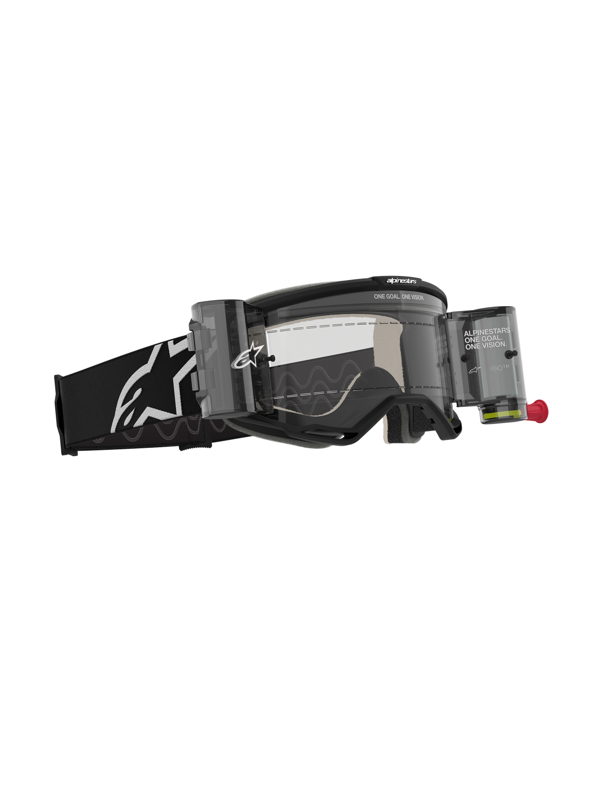 Alpinestars Vision 5 Corp Goggles Roll Off, gogle motocrossowe, czarne z przezroczystą soczewką, wyposażone w system Wide Vision Roll-Off z kanistrami i filmem, czarny tkany pasek z białym logo Alpinestars, wysokowydajna ochrona oczu do wyścigów terenowych.