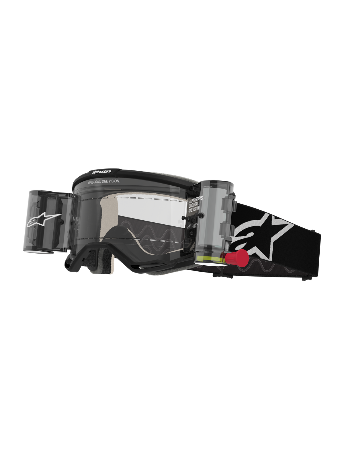 Alpinestars Vision 5 Corp Goggles Roll Off, gogle motocrossowe, czarno-białe, przezroczysta soczewka ze zintegrowanym systemem roll-off Wide Vision, czerwony uchwyt, czarny pasek z białym logo gwiazdy, branding ONE GOAL ONE VISION