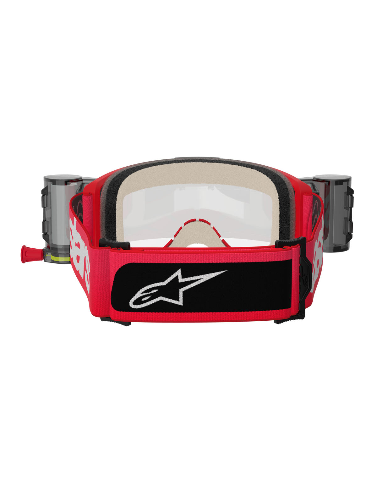Alpinestars Vision 5 Blaze Goggles Roll Off, czerwono-czarne, widok od tyłu pokazujący szeroki tkany pasek z białym brandingiem i czarną naszywką z logo, grubą wielowarstwową piankę oraz zasobniki systemu Wide Vision Roll-Off po bokach, motocrossowy sprzęt ochronny