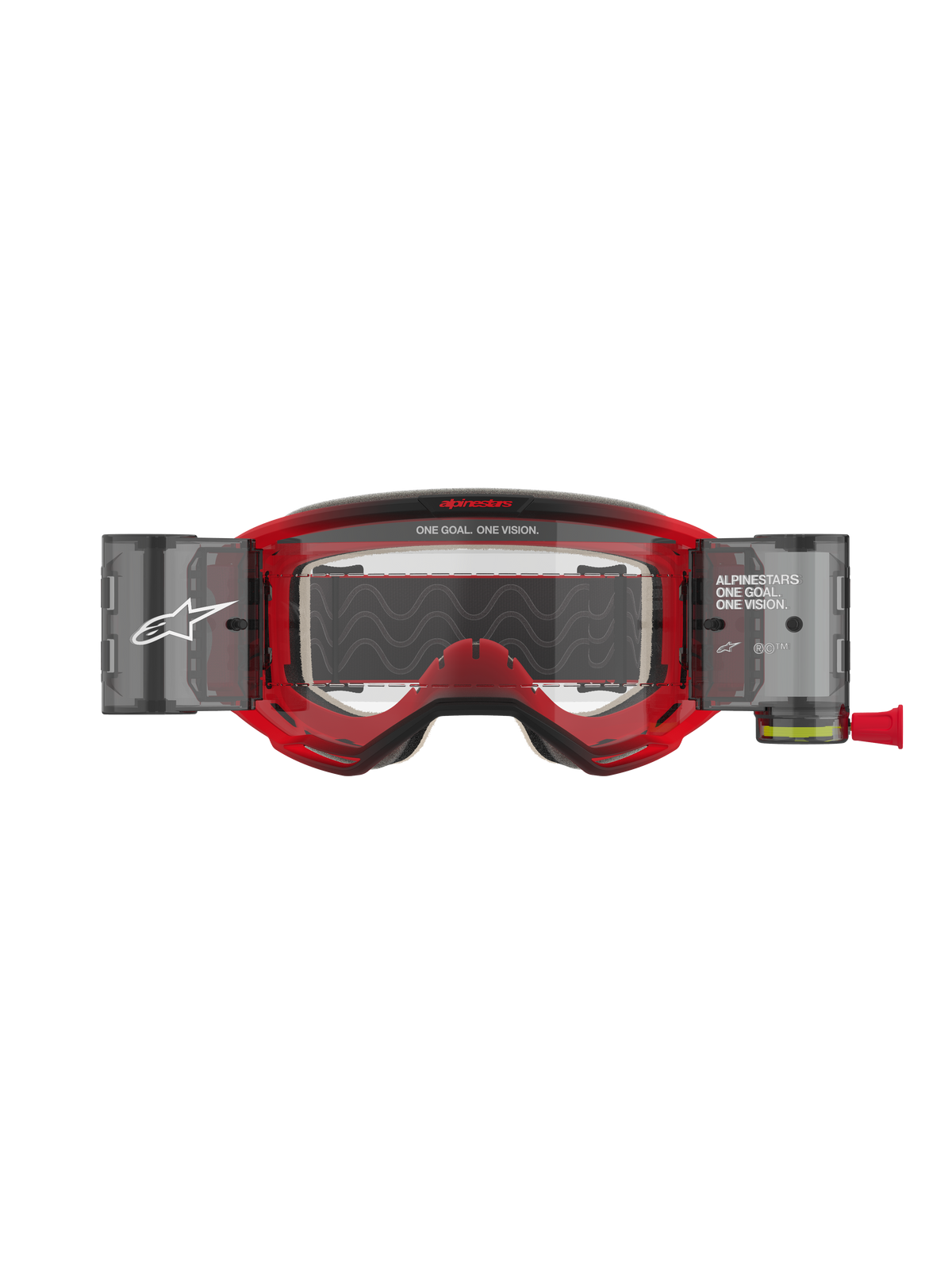 Alpinestars Vision 5 Blaze Goggles Roll Off, gogle motocrossowe, czerwona oprawka z przezroczystą soczewką, wyposażone w zintegrowany system Wide Vision Roll-Off z bocznymi zasobnikami, branding „ONE GOAL. ONE VISION.” na oprawce i szybce, profesjonalna ochrona oczu do jazdy terenowej.