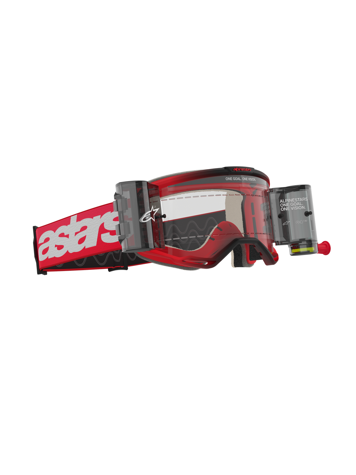 Alpinestars Vision 5 Blaze Goggles Roll Off, gogle motocrossowe, czerwona oprawka z białym logo astars na pasku, przezroczysta soczewka ze zintegrowanymi zasobnikami systemu Wide Vision Roll-Off, wytrzymała ochrona oczu do jazdy terenowej