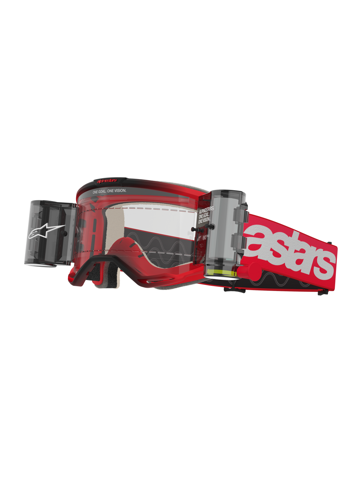 Alpinestars Vision 5 Blaze Goggles Roll Off, gogle motocrossowe, czerwono-białe, przezroczysta szyba ze zintegrowanym systemem folii Wide Vision Roll-Off, dwa boczne kanistry, czerwony tkany pasek z wyrazistym białym brandingiem astars, wytrzymała uretanowa rama z wyściółką piankową, okulary do wyścigów terenowych