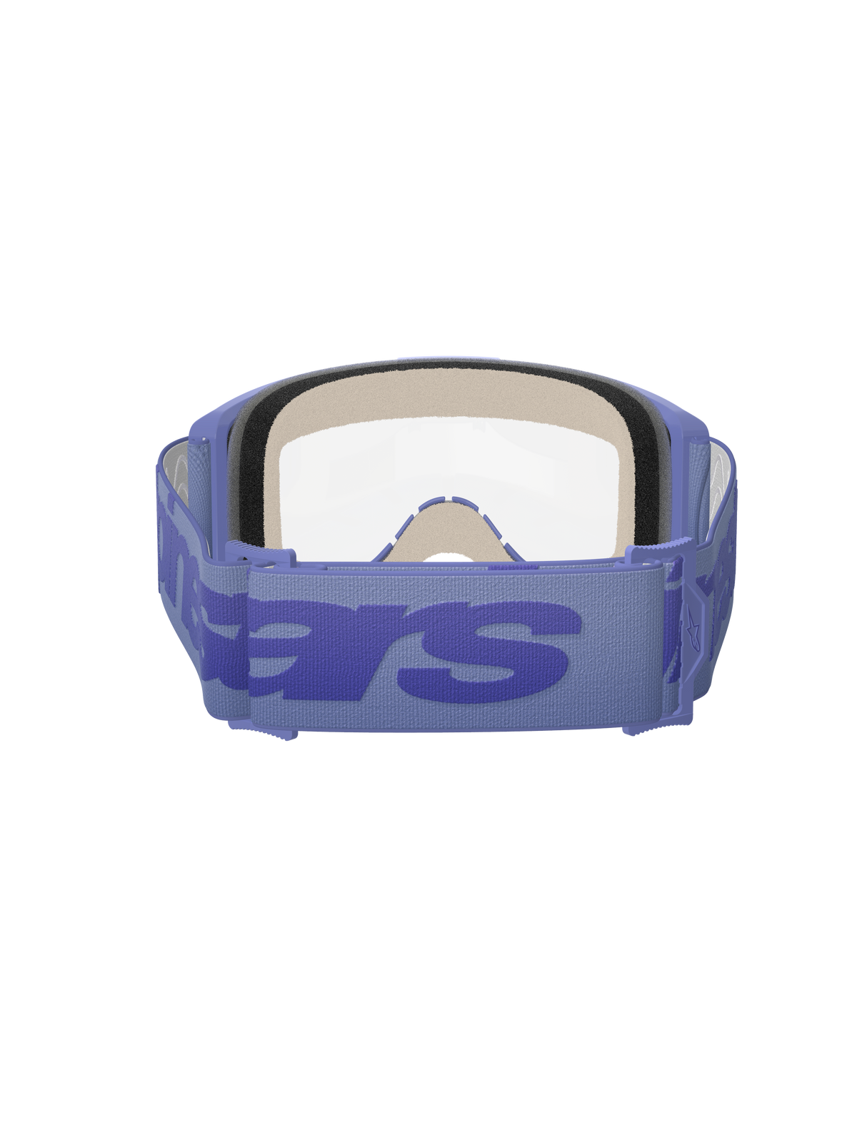 Gogle Alpinestars Vision 5 Wordmark, fioletowe i przezroczyste, widok z tyłu pokazujący trójwarstwową piankę do twarzy, szeroki fioletowy tkany pasek z wyraźnym logotypem, przezroczysta soczewka, zaprojektowane do motocrossu i wyścigów off-road