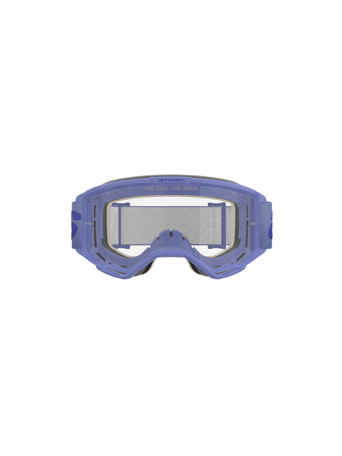 Gogle Alpinestars Vision 5 Wordmark, fioletowo-przezroczyste, z lekką ramką uretanową A-FLEX, przezroczystą poliwęglanową soczewką przeciwmgielną z brandingiem „ONE GOAL. ONE VISION.”, 17 mm wielowarstwową pianką do twarzy i fioletowym tkanym paskiem z logo, profesjonalna ochrona oczu do motocrossu