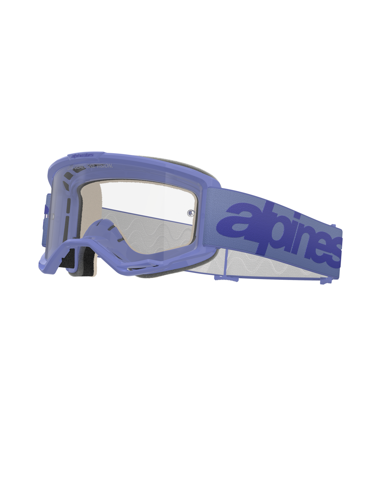 Alpinestars Vision 5 Wordmark Goggles, gogle motocrossowe, jasnofioletowa ramka z przezroczystymi soczewkami, fioletowy pasek z ciemnoniebieskim logotypem, wentylowana konstrukcja A-FLEX, wielowarstwowa pianka na twarz, ochrona oczu off-road