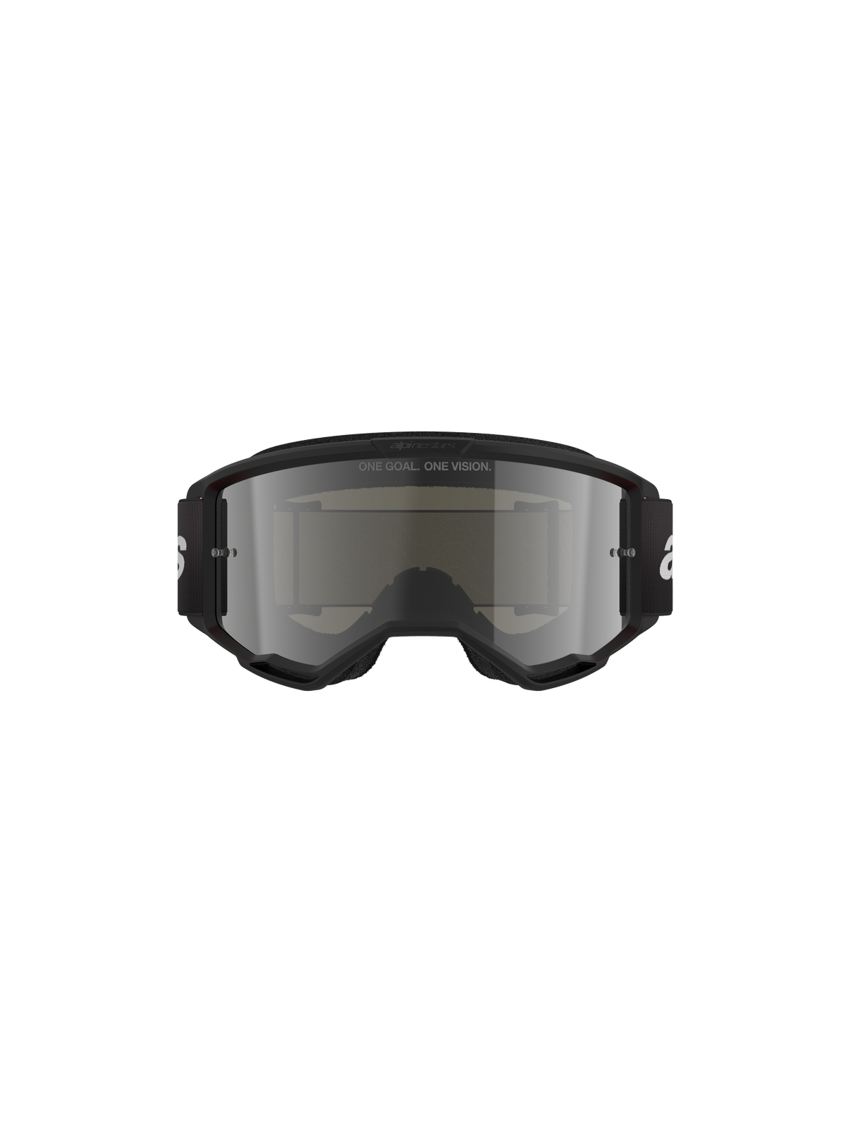 Gogle Alpinestars Vision 3 Wordmark, gogle motocrossowe, kolor Black Mirror Silver, z elegancką czarną oprawką i srebrną lustrzaną soczewką, czarny tkany pasek z białym logo, zaprojektowane do wyścigów terenowych i ochrony oczu