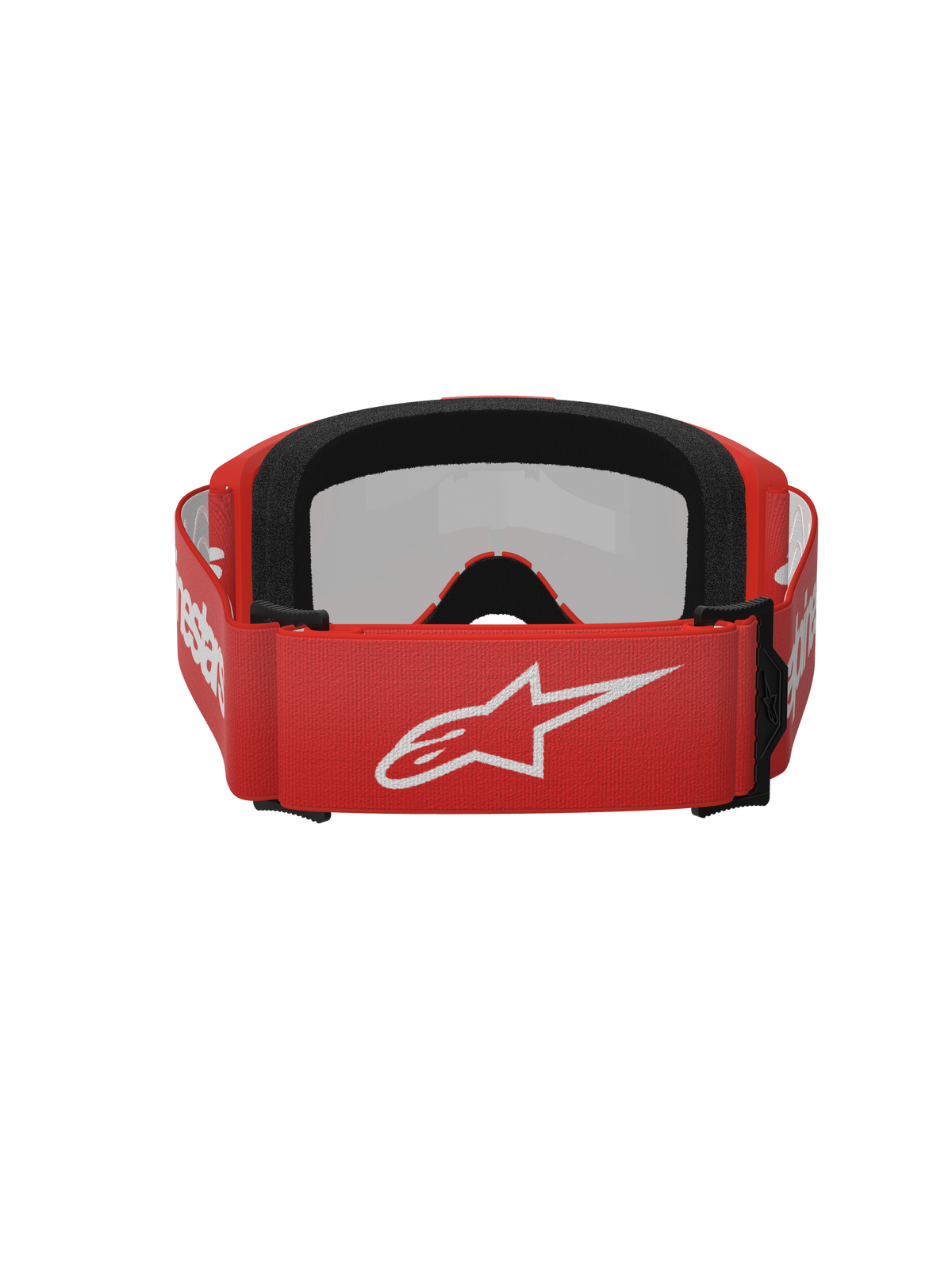 Alpinestars Vision 3 Wordmark Goggles, gogle motocrossowe, Red Mirror Silver, widok z tyłu z czerwonym tkanym paskiem z białym logo Alpinestars, czarną pianką na twarz EO15 i regulowanym dopasowaniem do jazdy off-road