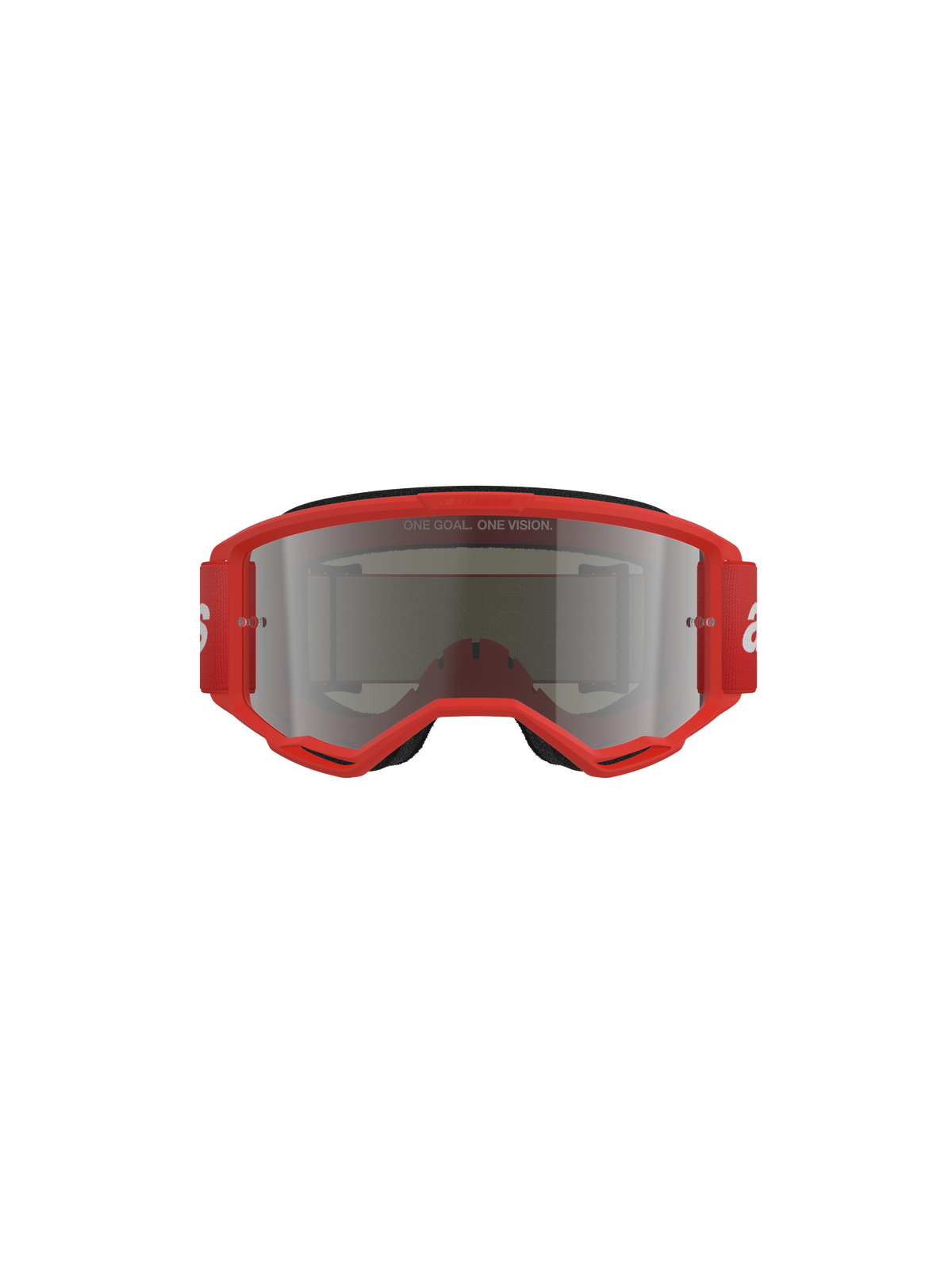 Alpinestars Vision 3 Wordmark Goggles, gogle motocrossowe, czerwona oprawka ze srebrną lustrzaną soczewką, widok z przodu z napisem „ONE GOAL. ONE VISION.” na soczewce i szerokim czerwonym paskiem