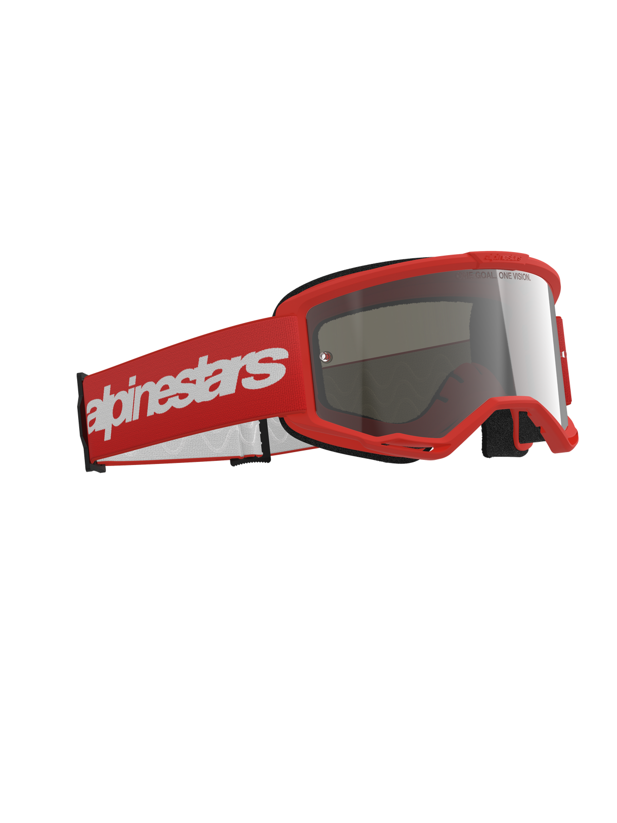 Alpinestars Vision 3 Wordmark Goggles, gogle motocrossowe, czerwona oprawka z dopasowanym czerwonym paskiem z dużym białym logo, srebrna lustrzana soczewka, zaprojektowane do wyścigów terenowych i motocrossowych