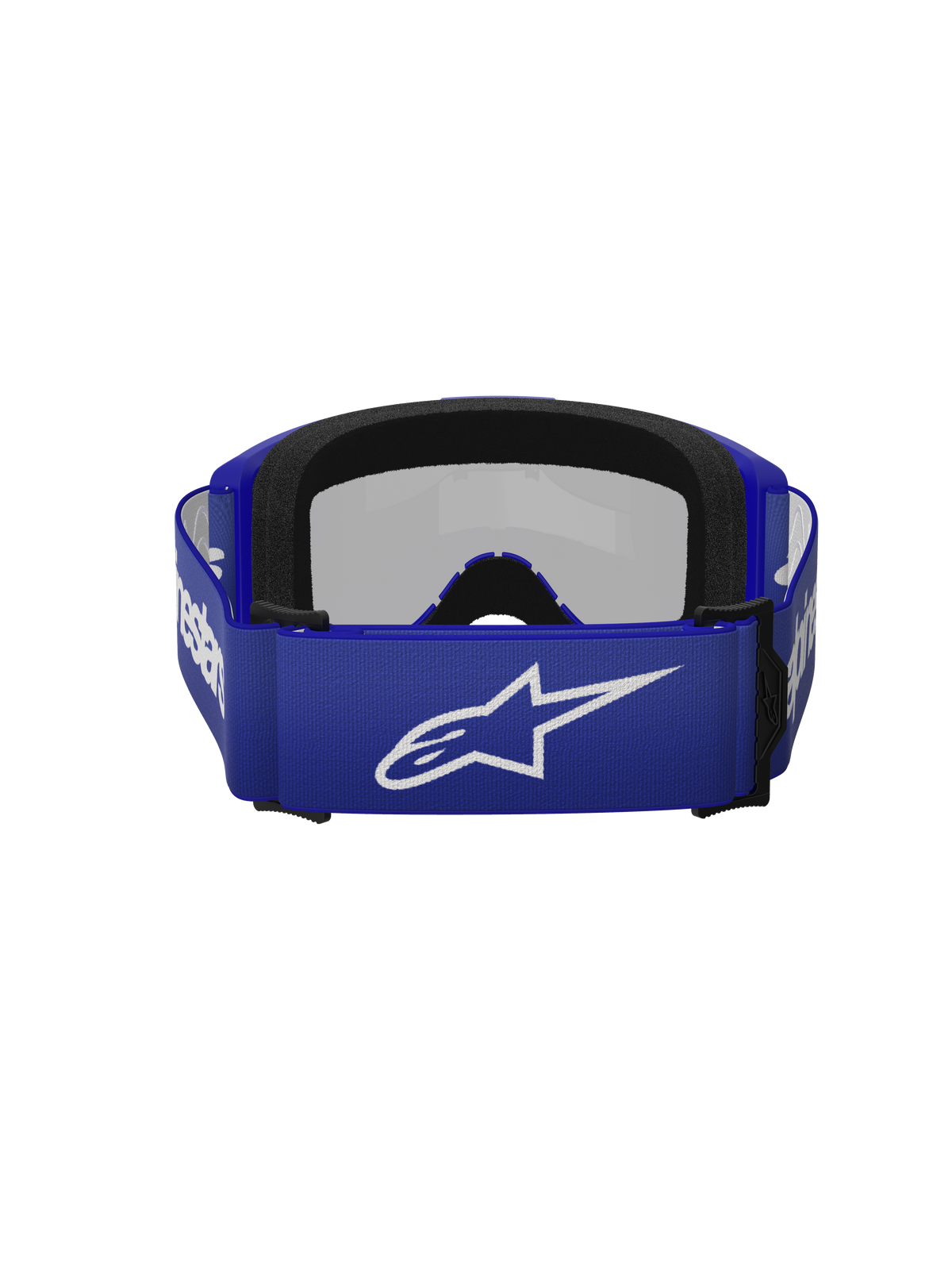 Gogle Alpinestars Vision 3 Wordmark, gogle motocrossowe, Blue Mirror Silver, widok z tyłu ukazujący niebieski tkany pasek z białym logo Alpinestars oraz dwuwarstwową czarną piankę na twarz
