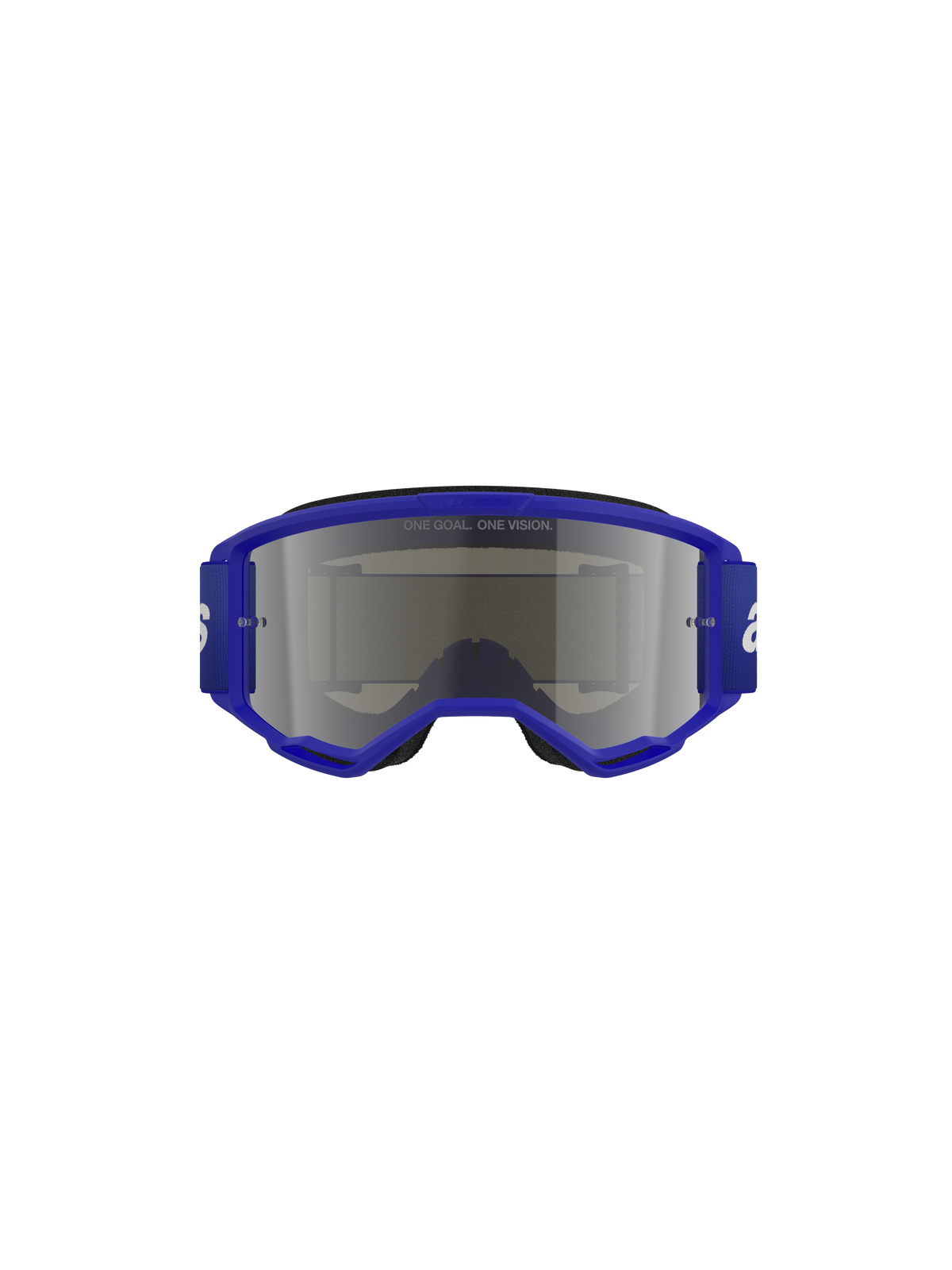 Alpinestars Vision 3 Wordmark Goggles, gogle motocrossowe, niebieskie ze srebrną lustrzanką, jaskrawoniebieska oprawka i szeroki pasek z białym logotypem, srebrna lustrzana soczewka z napisem „ONE GOAL. ONE VISION.”, profesjonalne gogle ochronne off-road