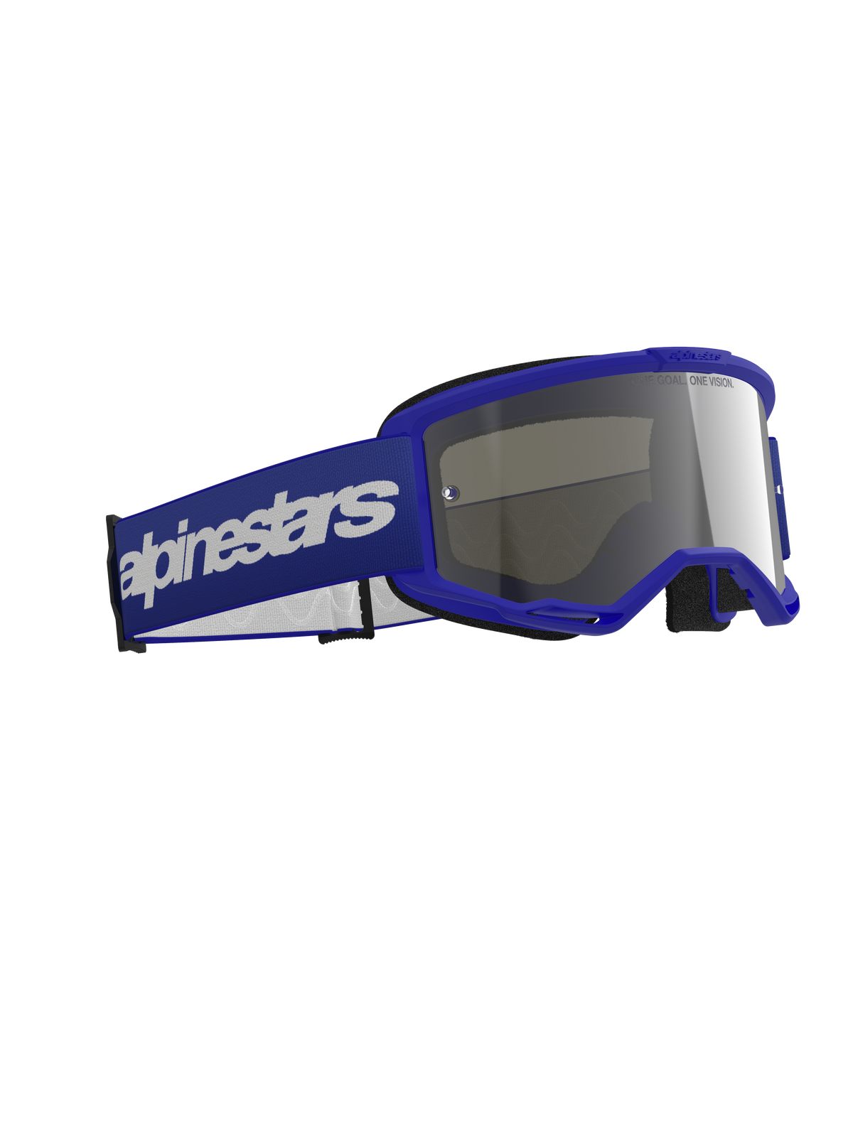 Gogle Alpinestars Vision 3 Wordmark, gogle motocrossowe, niebieskie ze srebrną lustrzaną soczewką, niebieska oprawka i szeroki niebieski pasek z białym logotypem, wytrzymała konstrukcja do jazdy terenowej