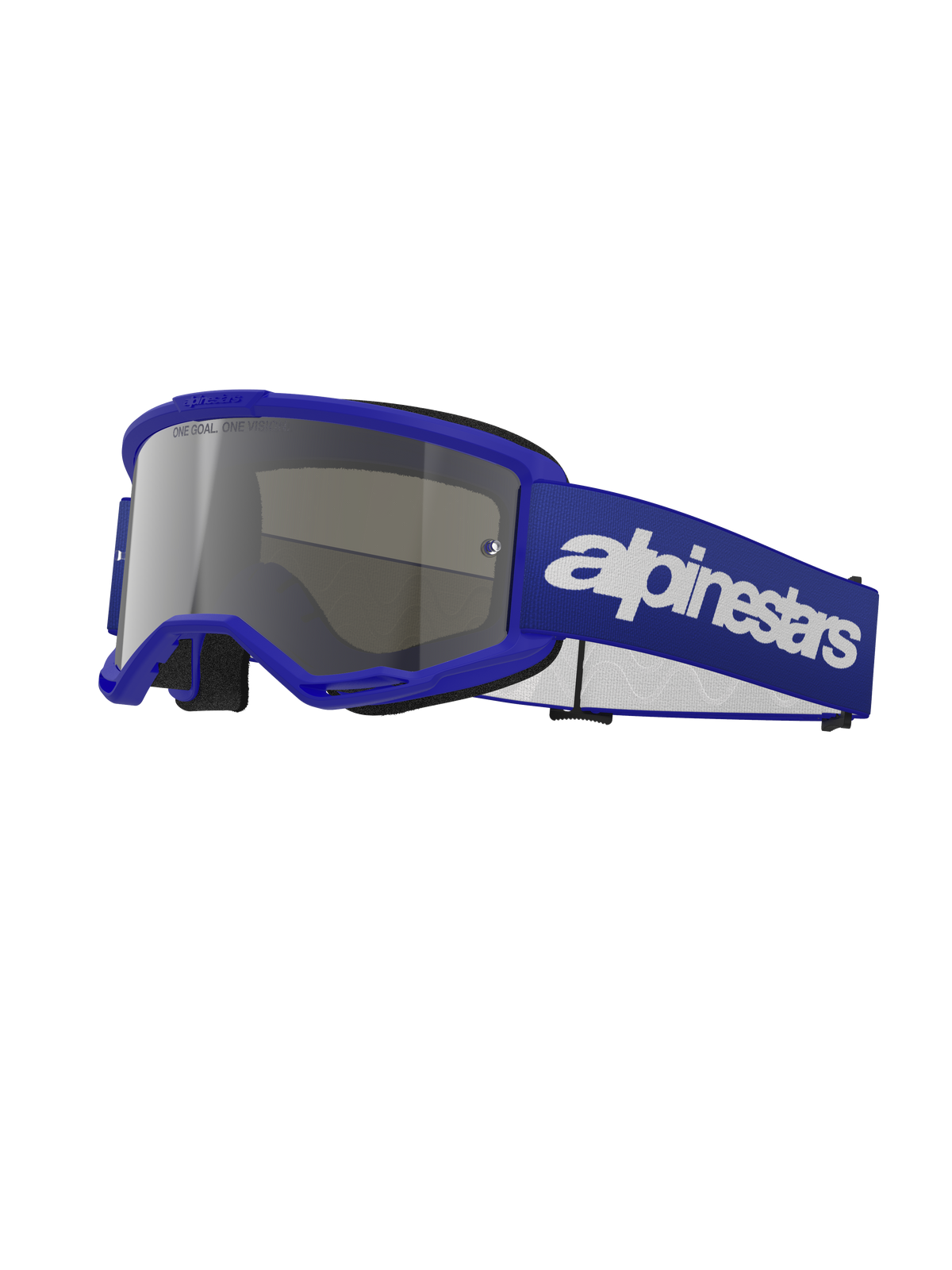 Alpinestars Vision 3 Wordmark Goggles, gogle motocrossowe, niebieska oprawka ze srebrną lustrzaną soczewką, szeroki regulowany niebieski pasek z wyraźnym białym logo Alpinestars, czarna pianka na twarz, okulary ochronne do jazdy off-road i na motocyklach terenowych