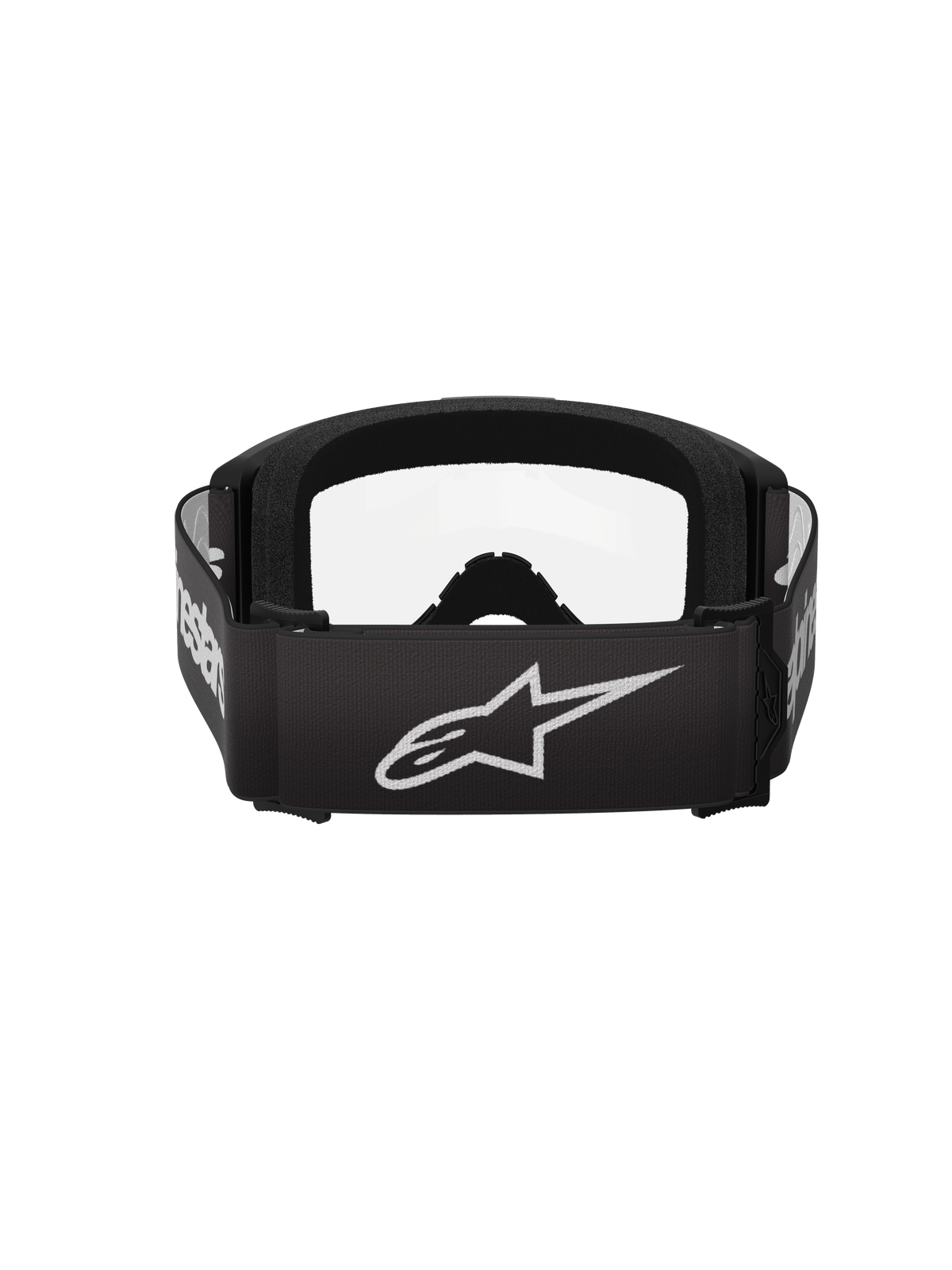 Alpinestars Vision 3 Wordmark Goggles, gogle motocrossowe, czarne z przezroczystą szybką, widok od tyłu z szerokim czarnym paskiem z białym logo gwiazdy Alpinestars i napisem, gruba czarna pianka do twarzy oraz przezroczysta soczewka.