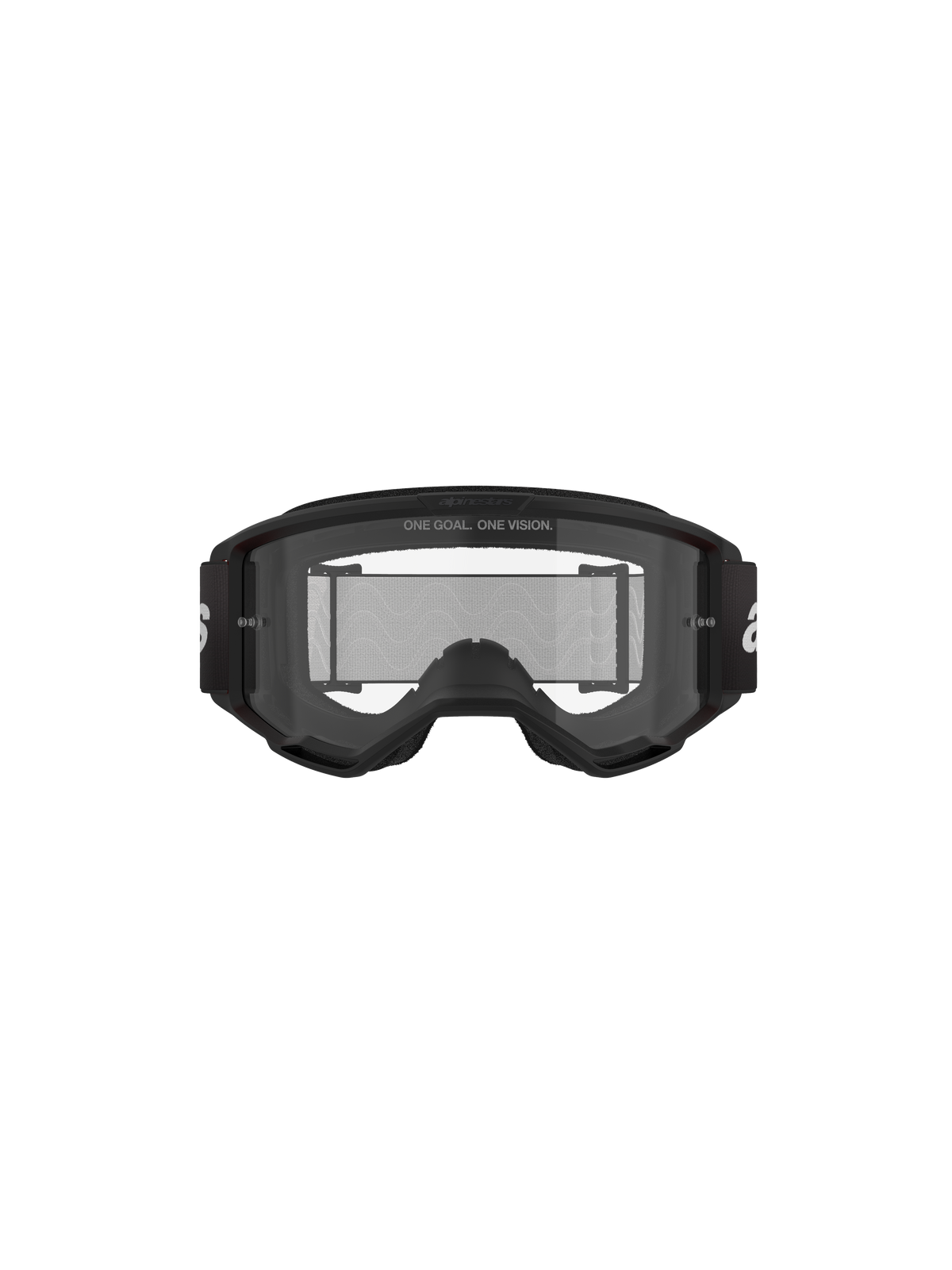 Alpinestars Vision 3 Wordmark Goggles, gogle motocrossowe, czarno-przezroczyste, widok z przodu z przezroczystą soczewką przeciwmgielną, oprawką A-FLEX, czarnym paskiem z białym logo Alpinestars i hasłem „ONE GOAL. ONE VISION.”