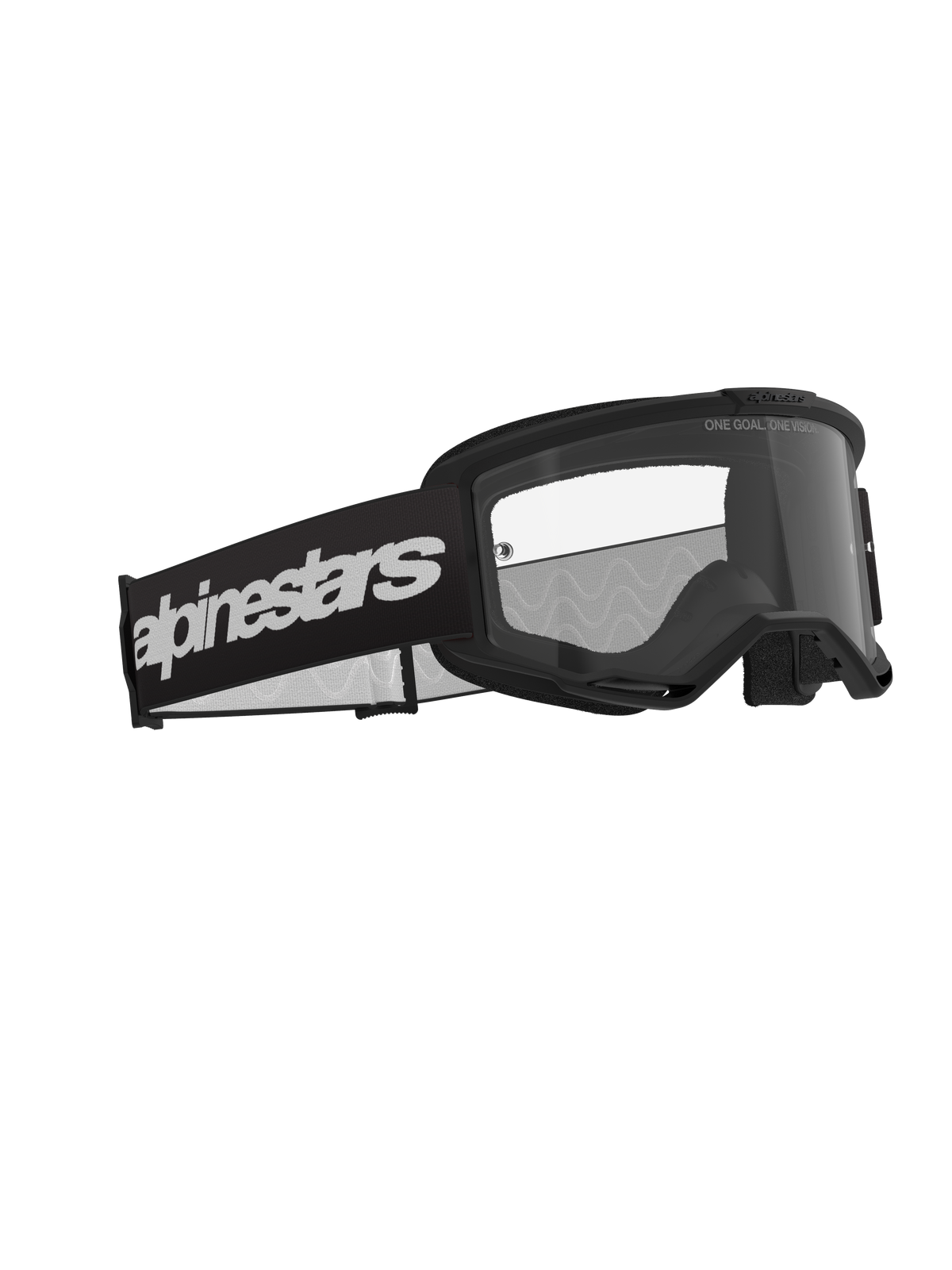 Alpinestars Vision 3 Wordmark Goggles, gogle motocrossowe, czarno-przezroczyste, szeroki czarny pasek z wyraźnym białym logo, przezroczysta soczewka przeciwmgielna z napisem „ONE GOAL. ONE VISION.”, nowoczesny wyczynowy design do wyścigów terenowych